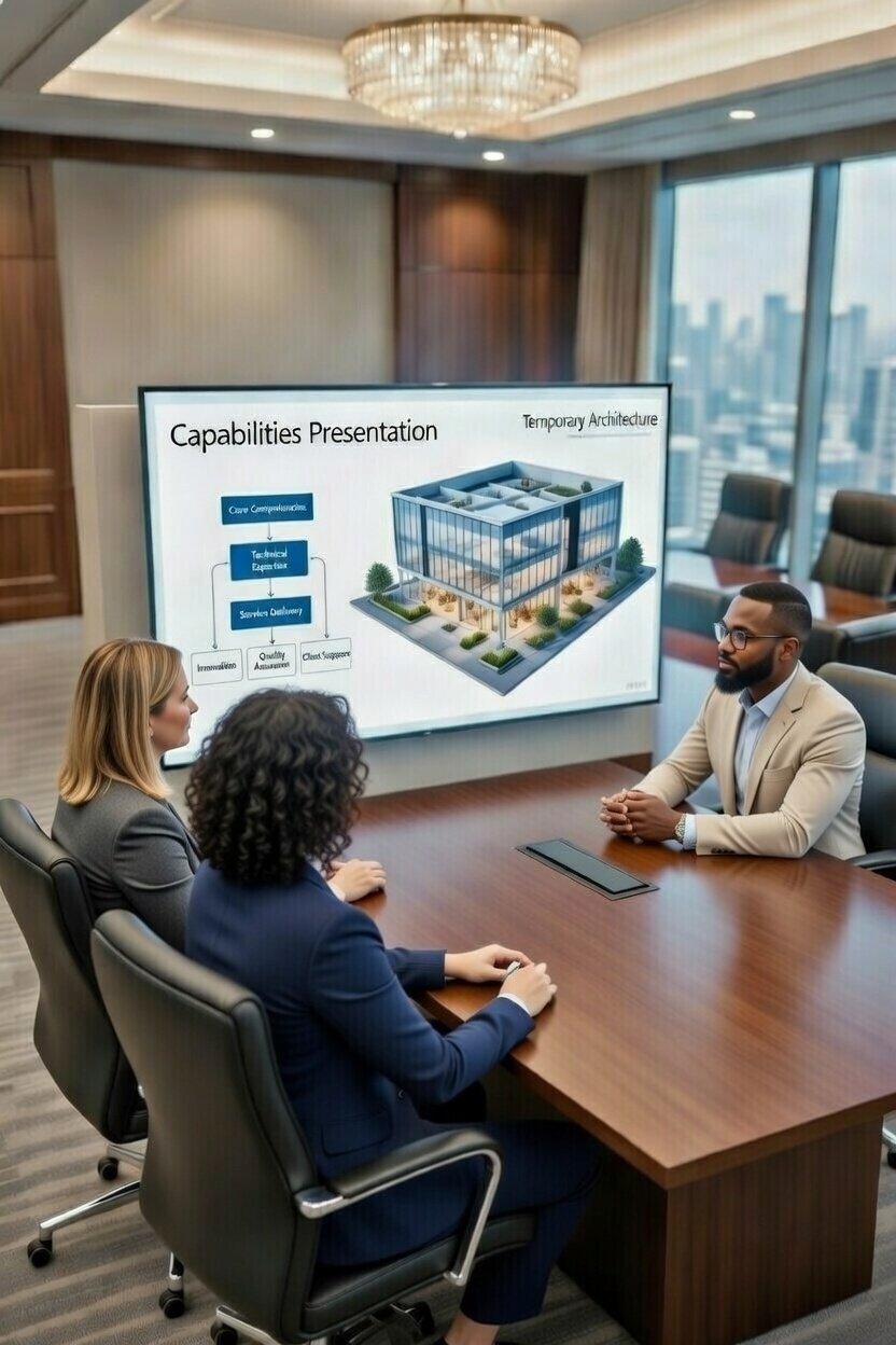 Presentation in a modern conference room with city view, discussing a slide about  agency capabilities and a 3D architectural model.