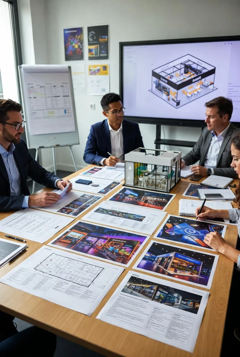 Business professionals in a meeting room examining architectural plans, project images, and a 3D building model, with a large screen displaying a building layout in the background.