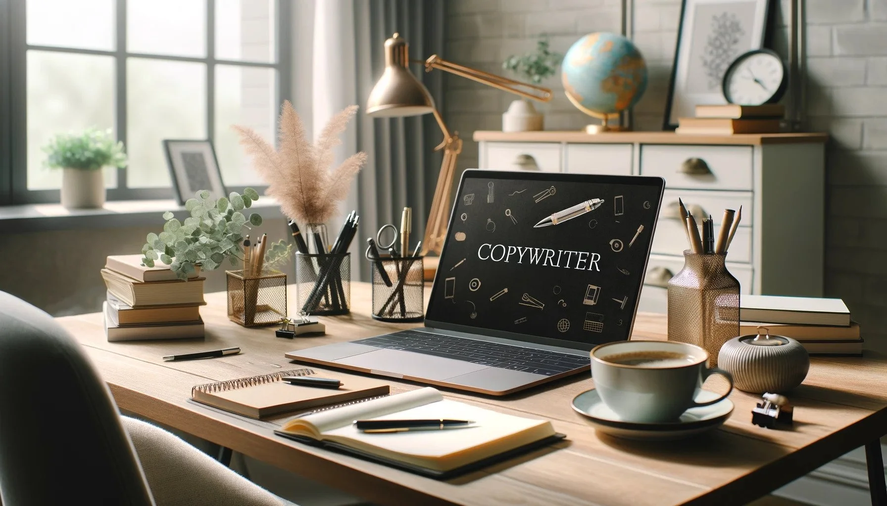 A desk with a laptop displaying the word "COPYWRITER" on the screen. The desk has notebooks, pens, a coffee cup, and decorative items like plants and vases. In the background, there is a window, a globe, a clock, and storage drawers.