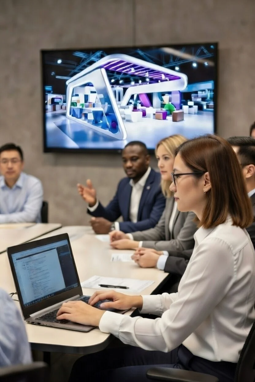 A capabilities presentation in a conference room, with a large screen displaying a modern, futuristic interior design.