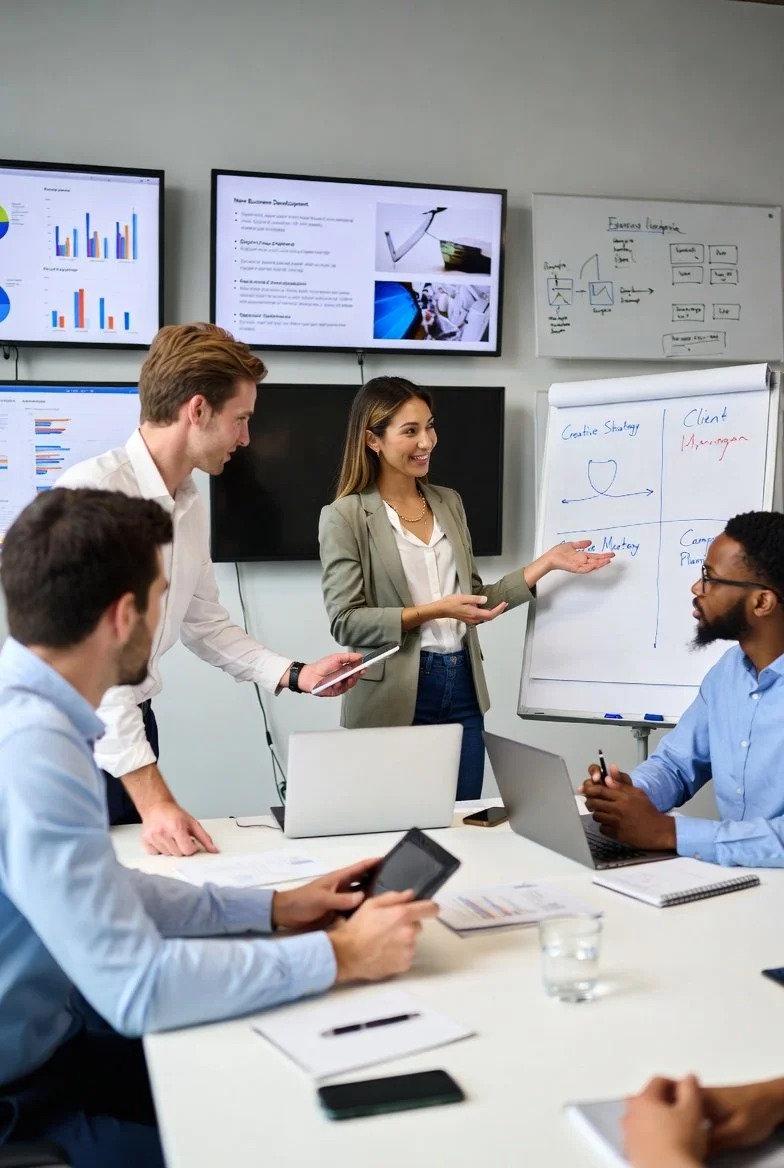 Business development strategy meeting in a modern conference room, with a woman presenting and three men listening, with laptops, tablets, whiteboards, charts and diagrams.