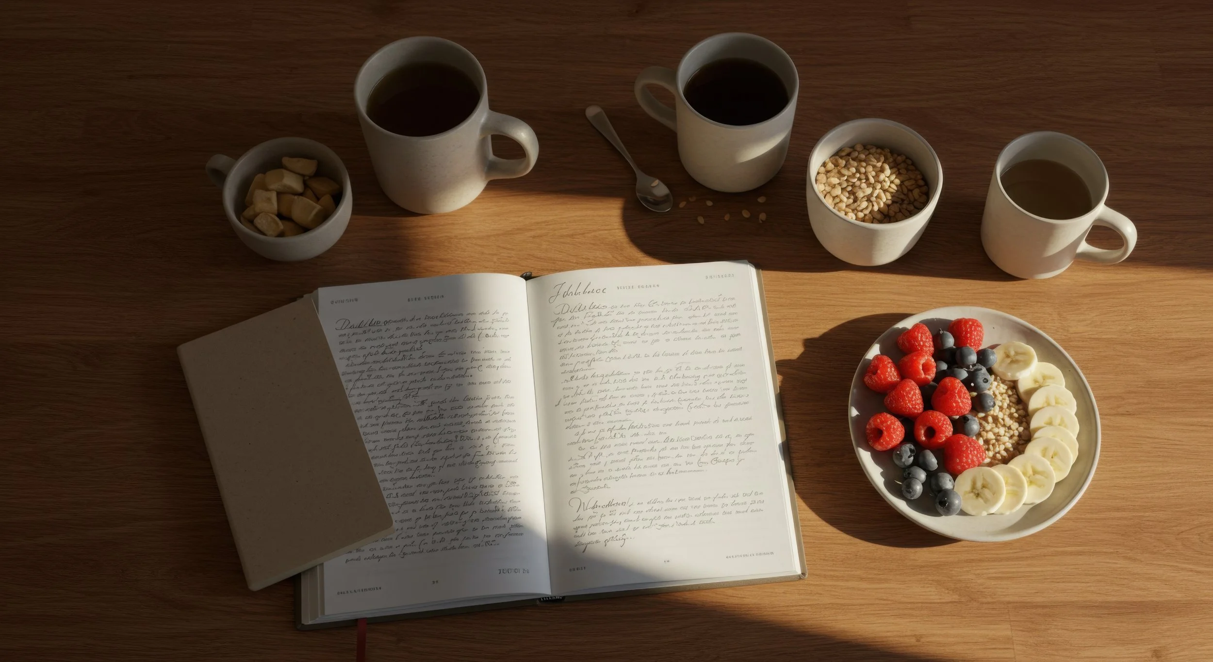 Open journal with handwritten notes, three cups of coffee, bowls of marshmallows and cereal, and a plate of mixed berries and sliced bananas on a wooden table.
