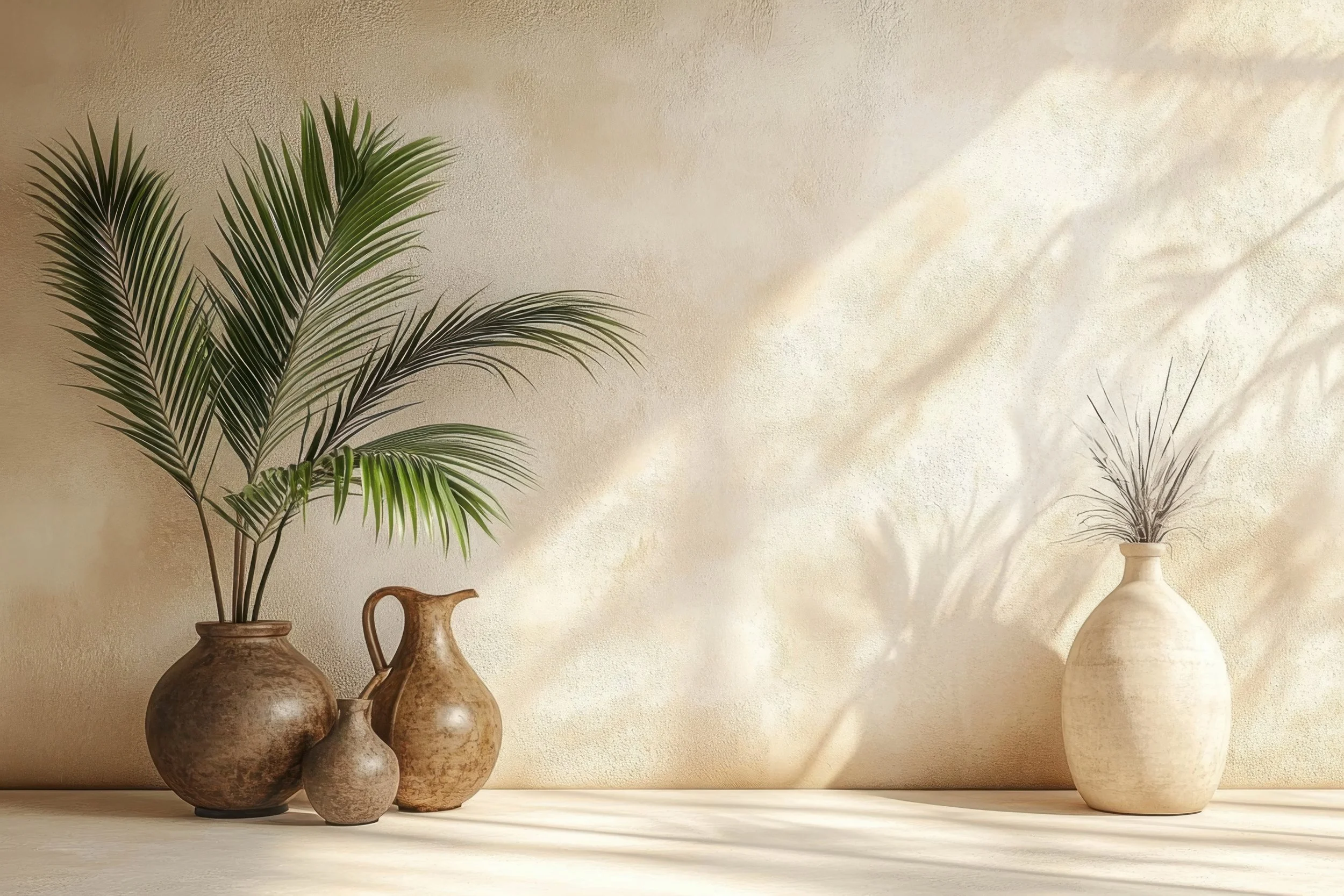 Several rustic vases and pottery with green palm leaves on a light-colored surface and textured wall background.