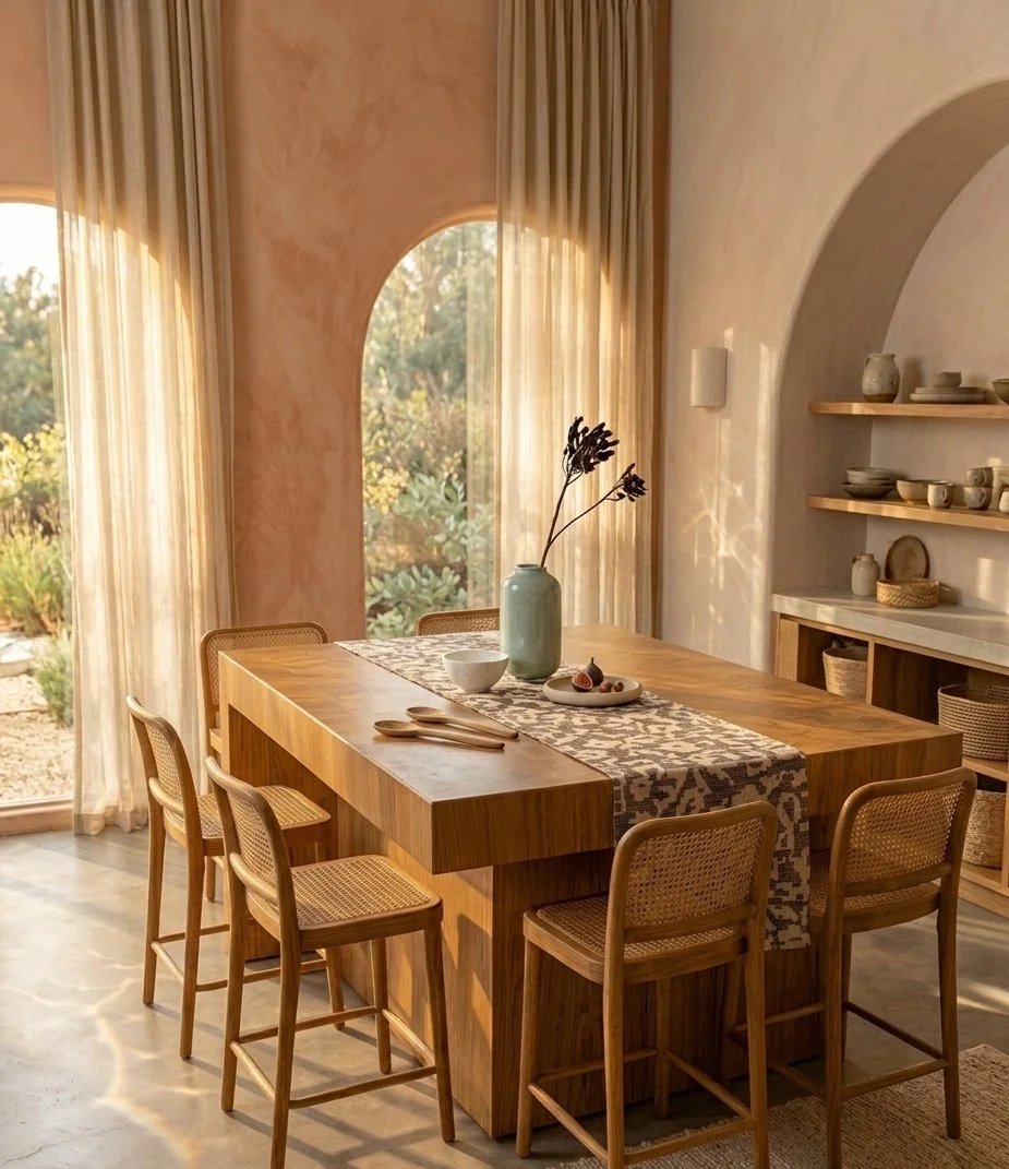 A wooden dining table with six rattan chairs, a beige patterned table runner, a green ceramic vase with dried flowers, a white bowl, and a plate of figs. Sunlight streams through sheer curtains in a softly-lit room with open shelves holding pottery and baskets.