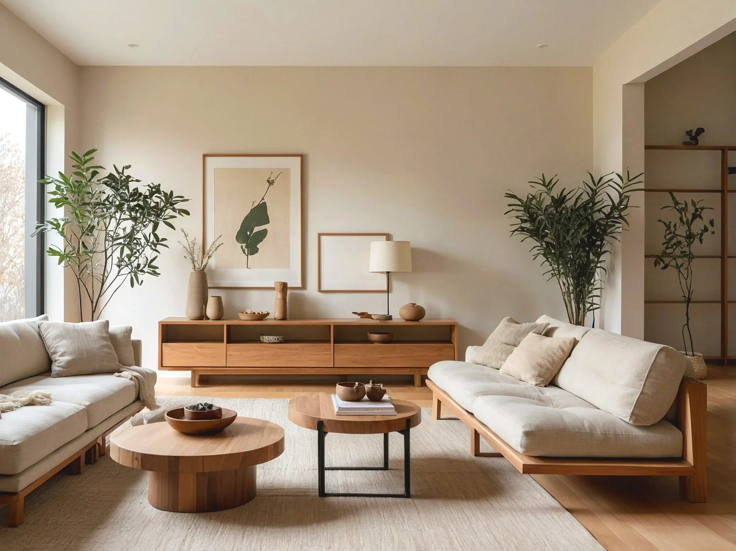 A cozy living room with minimalist decor featuring two white sofas with beige cushions, wooden coffee tables, potted plants, framed botanical prints on the wall, and a wooden sideboard with vases and decor items. Large windows let in natural sunlight.