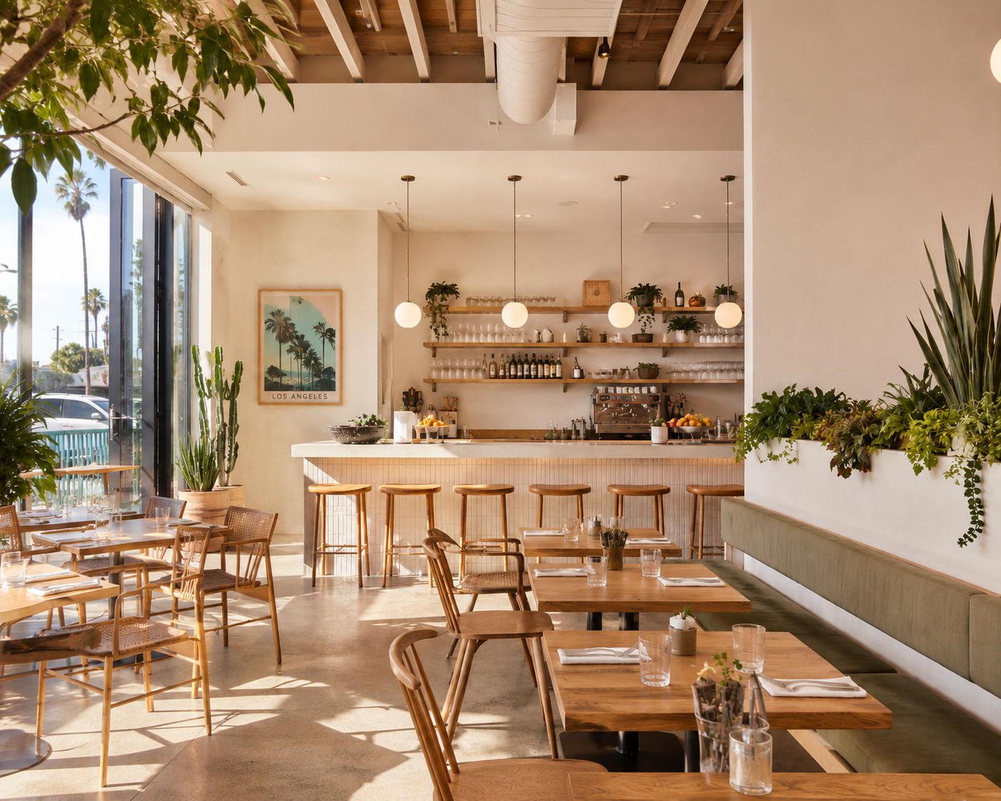 Interior of a modern, sunlit restaurant or cafe with wooden tables and chairs, potted plants, and a bar area with shelves holding glasses, bottles, and plants.