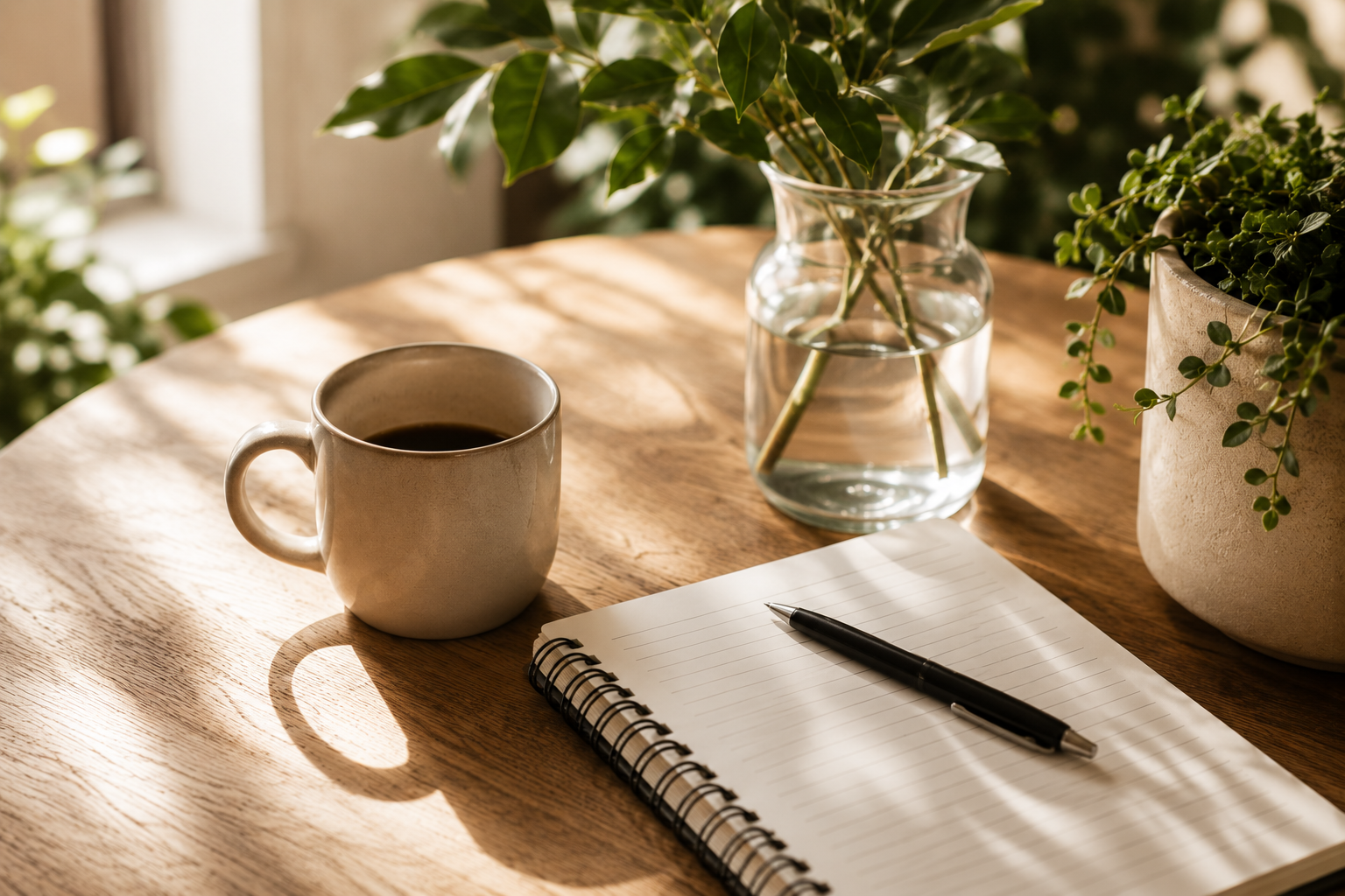 A wooden table with a white coffee mug filled with coffee, a spiral notebook with a pen, a glass vase with green foliage, and a potted plant.