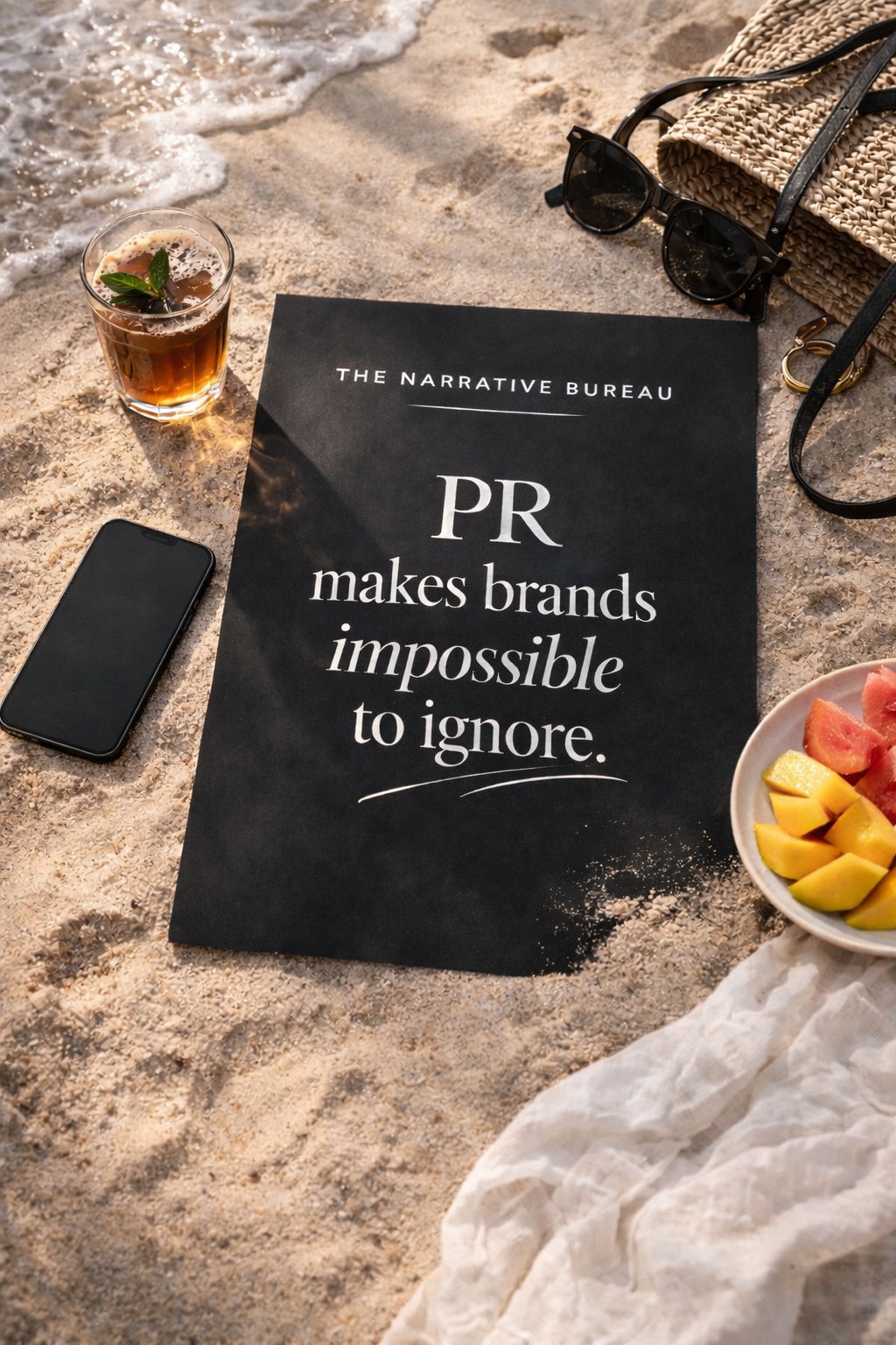 Une affiche noire avec un texte blanc qui dit : « PR makes brands impossible to ignore », placée sur du sable au bord de la mer. Autour, il y a une paire de lunettes de soleil, un sac en paille, un téléphone portable, un verre avec une boisson, et un bol de fruits coupés.