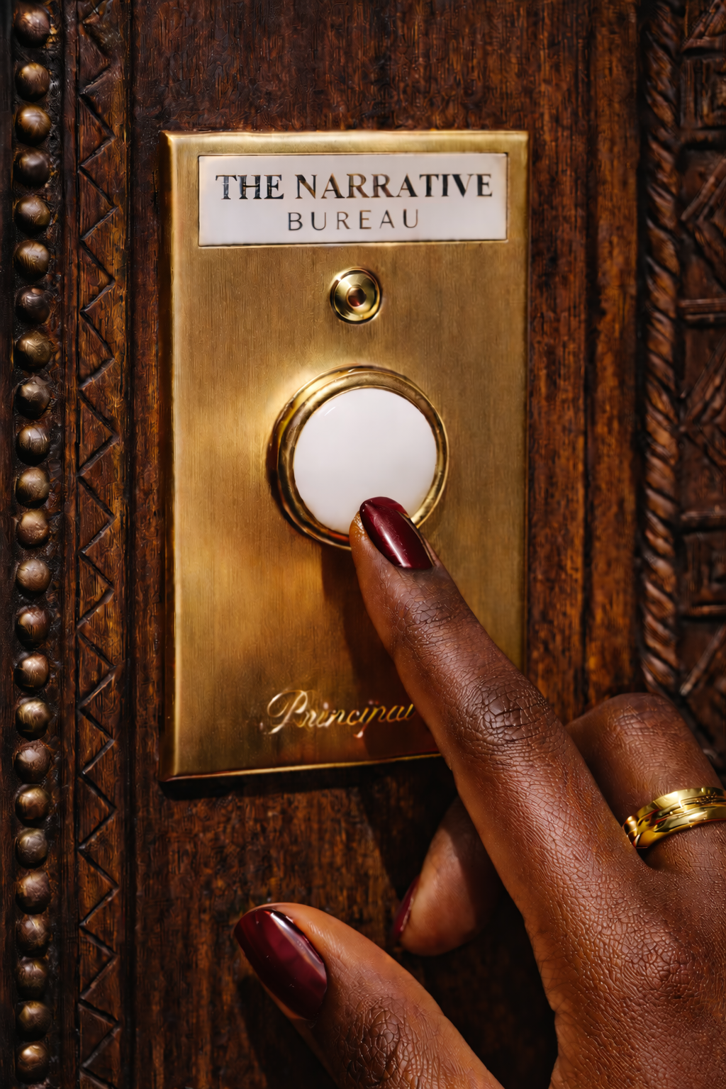 Une personne appuie sur un bouton d'une sonnette en or avec une plaque indiquant "The Narrative Bureau", fixée à une porte en bois sculptée.