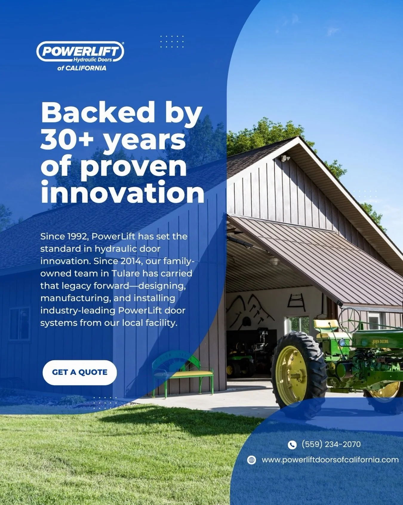 30+ years of proven innovation doesn&rsquo;t happen overnight.&nbsp;

PowerLift Hydraulic Doors has spent three decades engineering smarter access solutions trusted by tens of thousands of owners across North America. 

And here in California, we bri