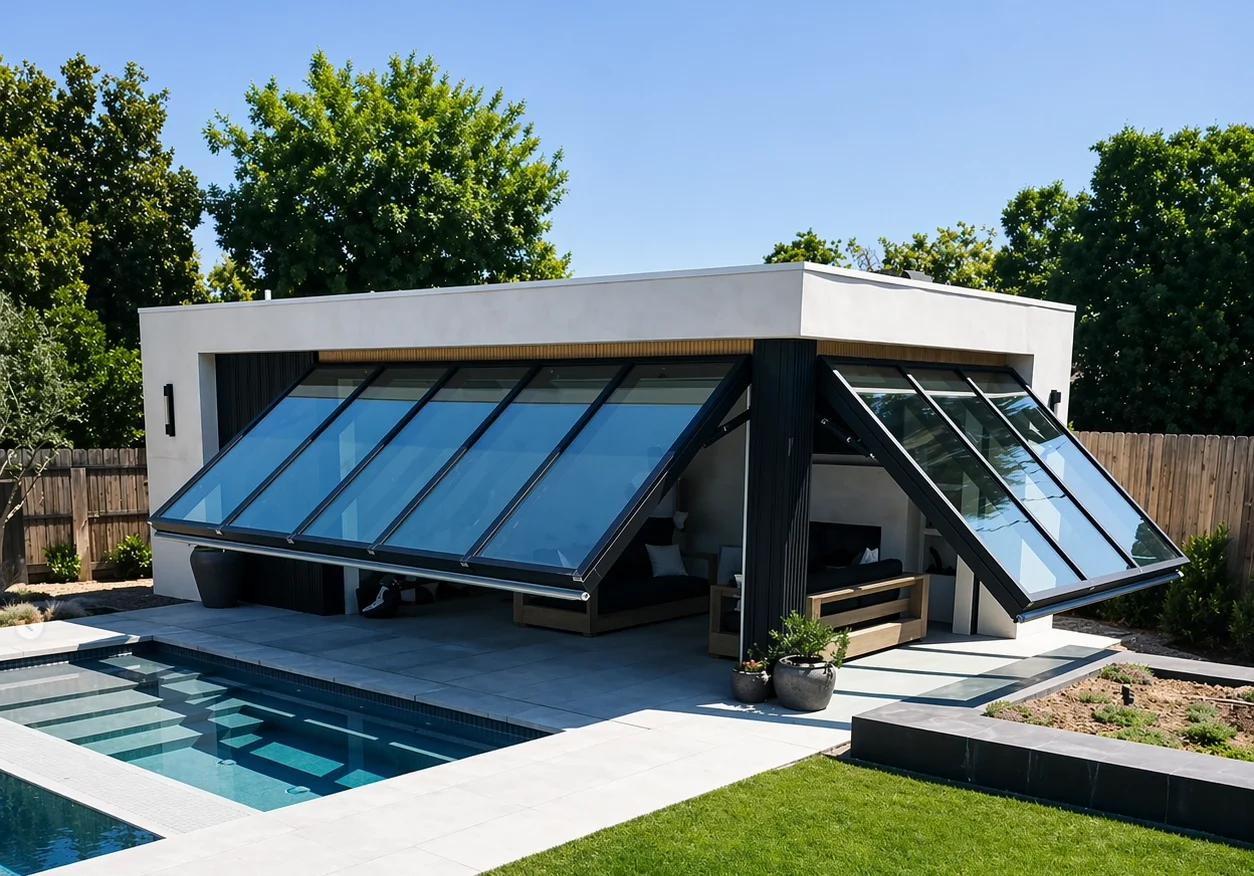Modern house with large glass windows and an outdoor swimming pool in a backyard with green grass and trees.