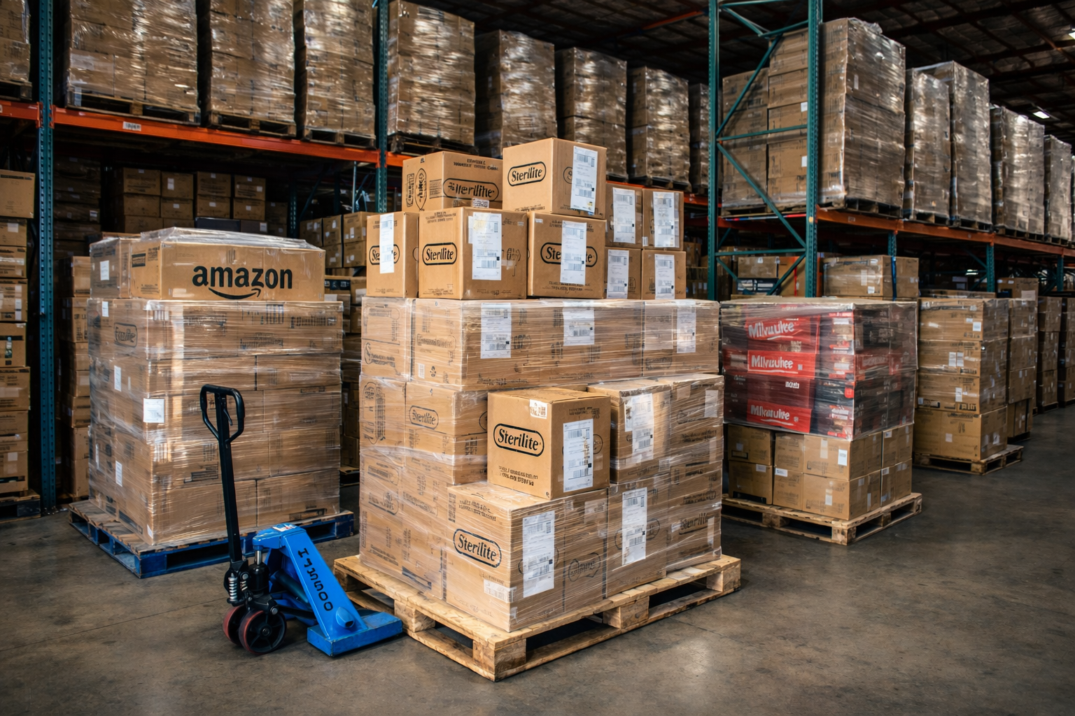 Warehouse with stacked boxes on pallets, including Amazon, Sterlite, and Milwaukee brands, and a blue hand truck in the foreground.