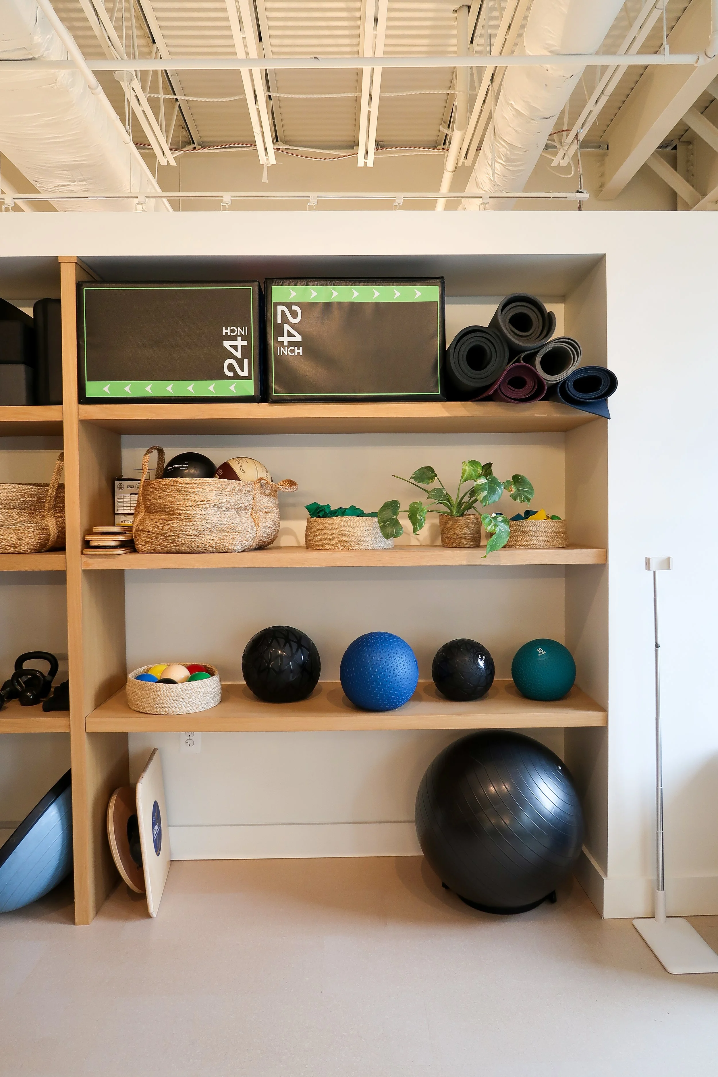 Shelving unit with storage boxes, rolled yoga mats, baskets, potted plants, medicine balls, kettlebells, and an exercise balance board in a fitness or wellness space.