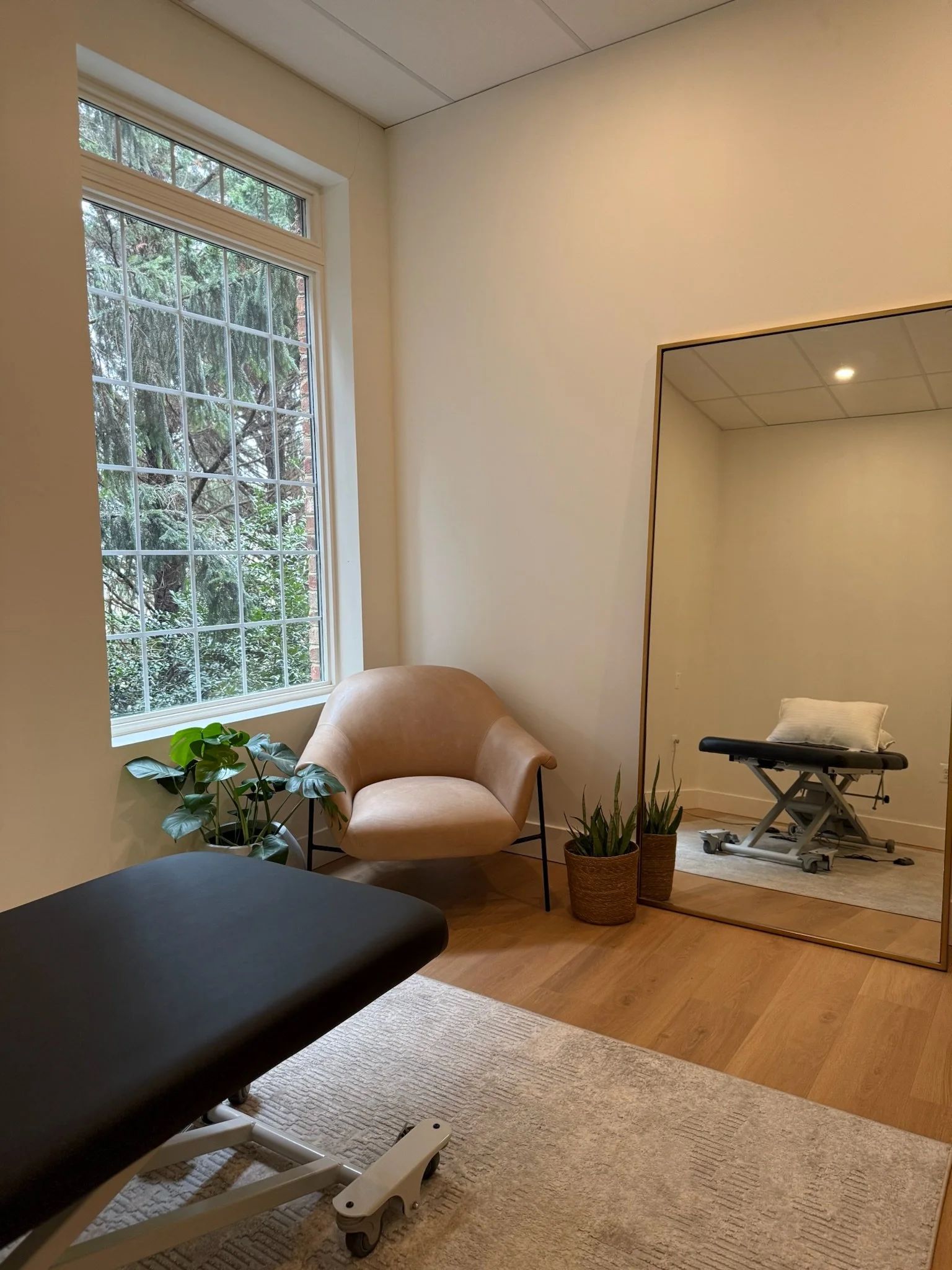A cozy corner of a room with a large window, a beige armchair, potted plants, a black massage or examination table, and a large mirror reflecting part of the room with a massage table and a pillow.