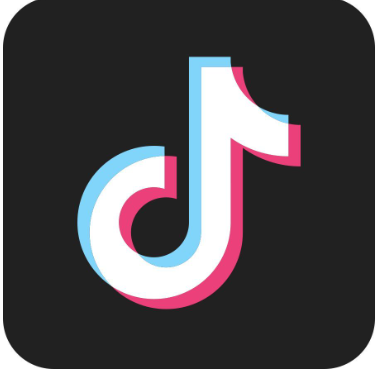 TikTok logo with black background, white, blue, and pink accents.