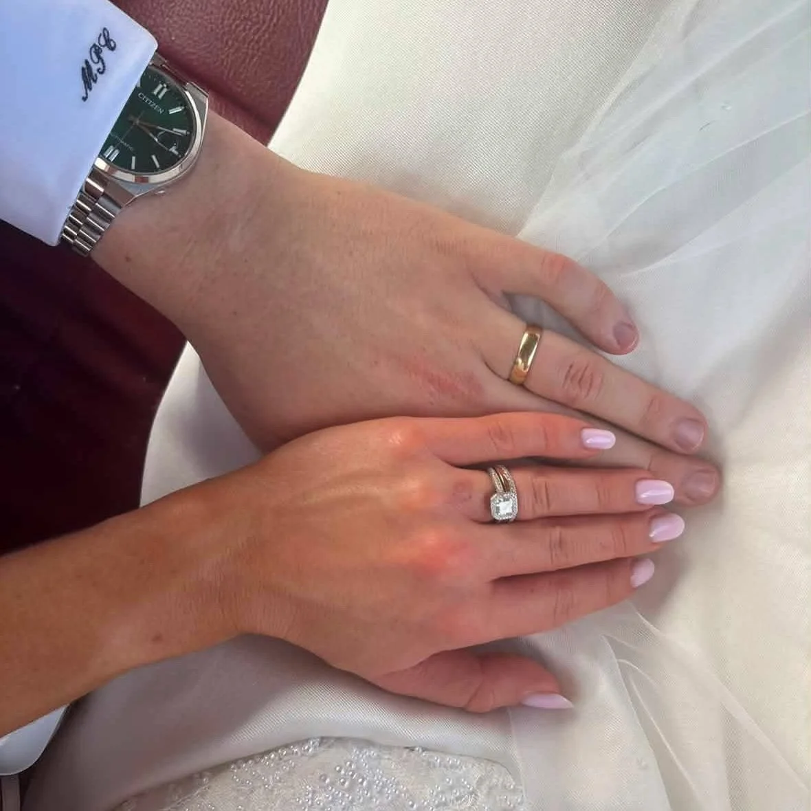Mrs. has a nice ring to it. 💍✨ a huge congrats to the newly weds! @bonicassidy &mdash; wedding bands by @hannahestellefinejewelry 🤍 #dallasjeweler #weddingbands #springweddings #dallasjeweler
