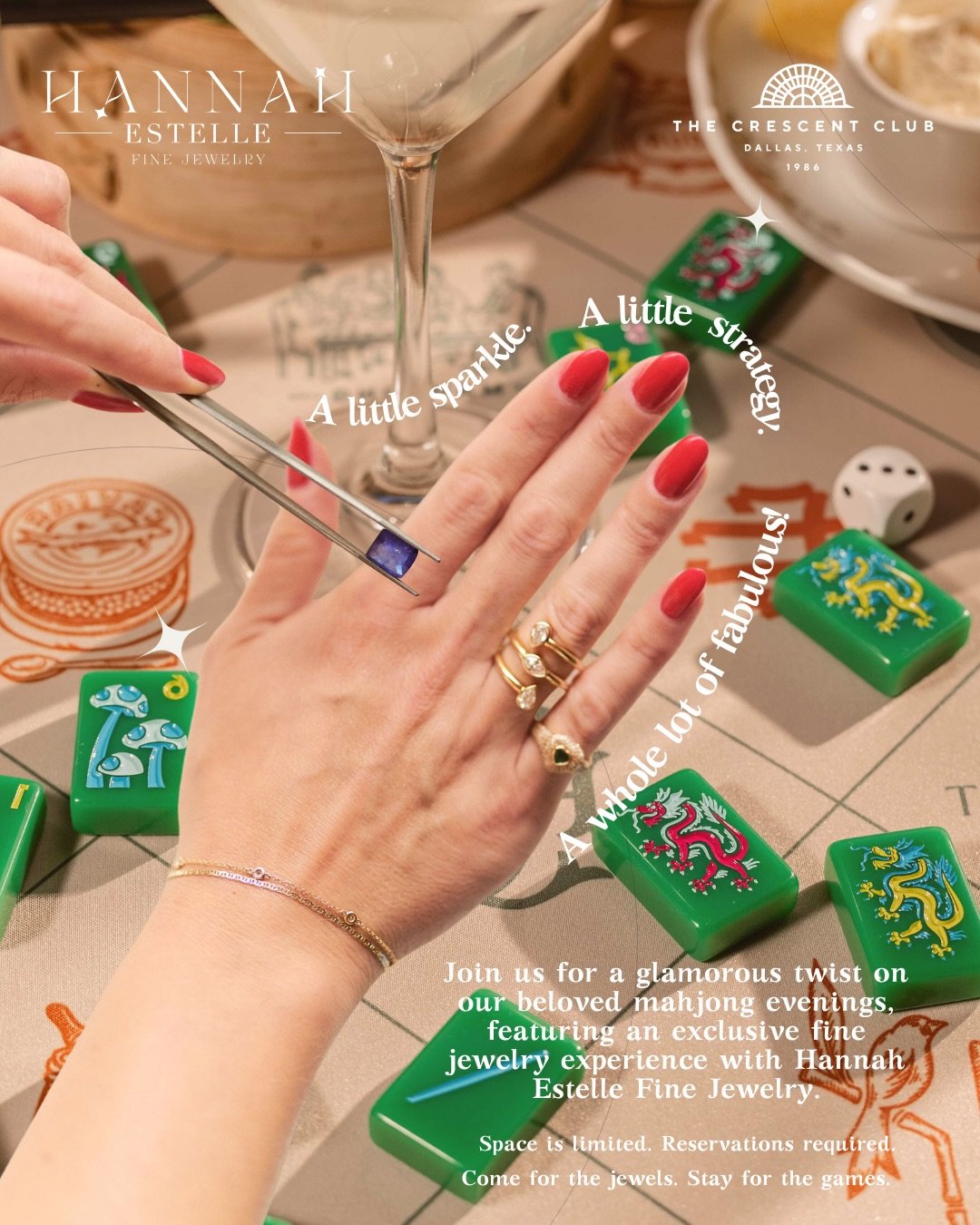 NOV. 2ND &mdash; Sip, shop, &amp; mahj with me &amp; @thecrescentclubdallas 🍸 Join us at The Crescent Club for an evening of mahjong, martinis, and jewelry shopping with Hannah Estelle Fine Jewelry. Sip on a signature martini, browse and try on beau