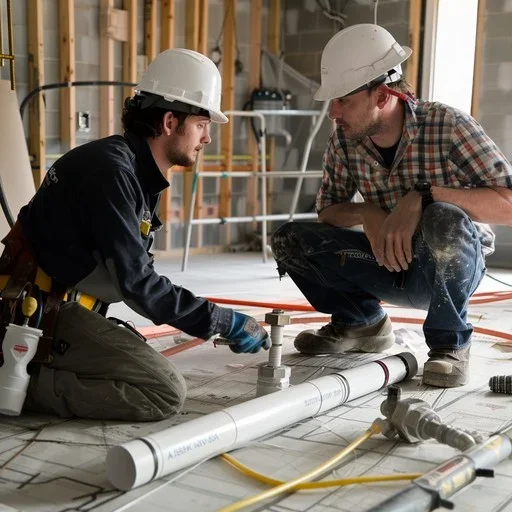Two plumbers workers wearing white safety helmets working together on a plumbing project inside a building under construction. One worker is using a tool to work on pipes while the other watches.