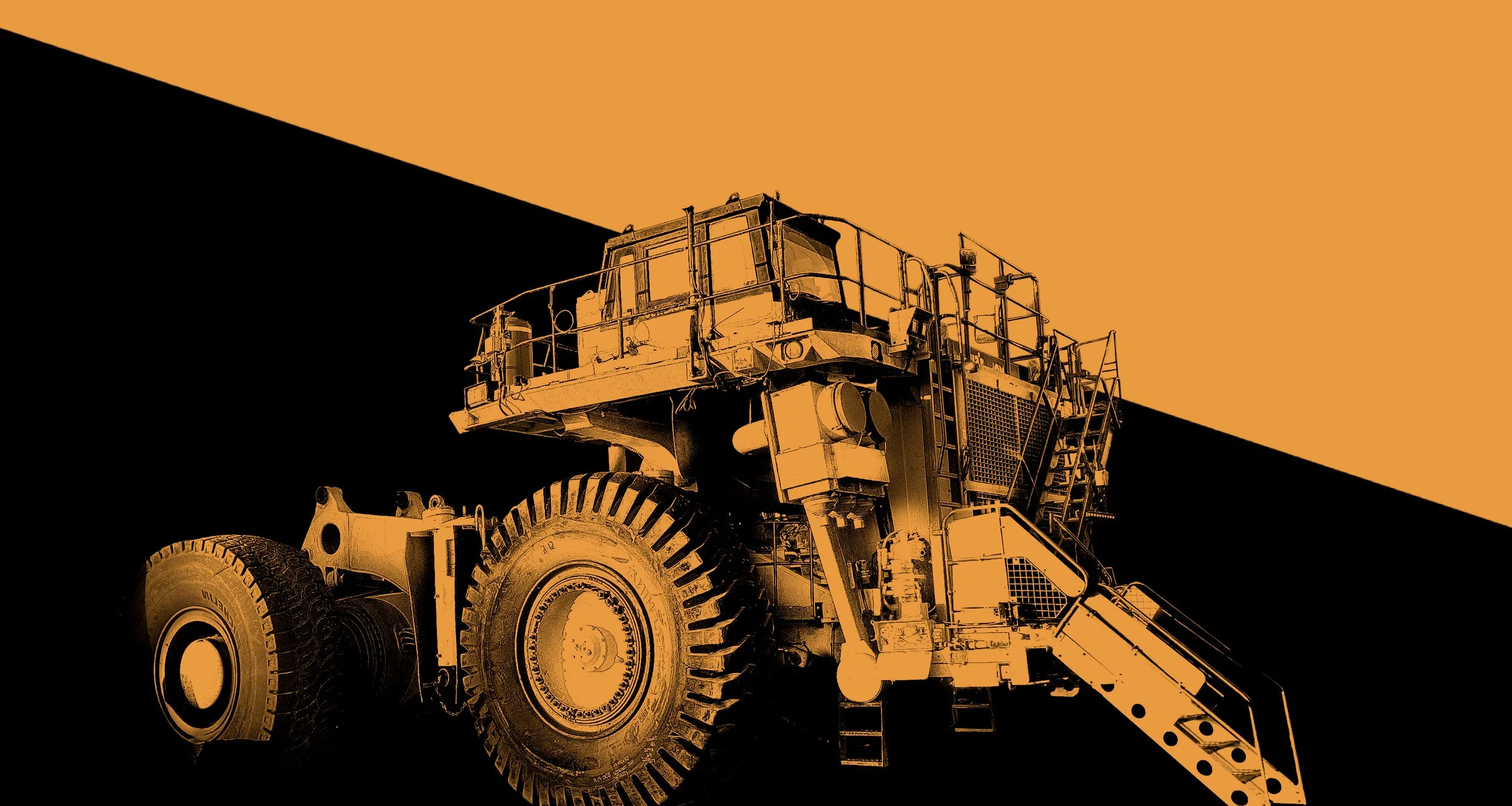 A large construction vehicle, possibly a wheel loader, is shown against a background divided diagonally with orange and black colors.
