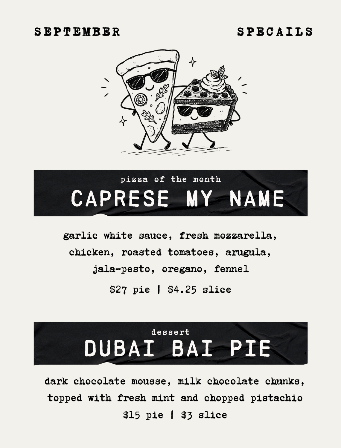A black and white illustration of a skeleton wearing a hoodie, holding a cocktail glass, sitting at a table with a letter, blueberries, and a quill. The background features a crescent moon and stars. The text reads "Cocktail of the Month: Death Letter Blues" with a description of a blueberry-infused gin drink and its price, $15, created by Jax.