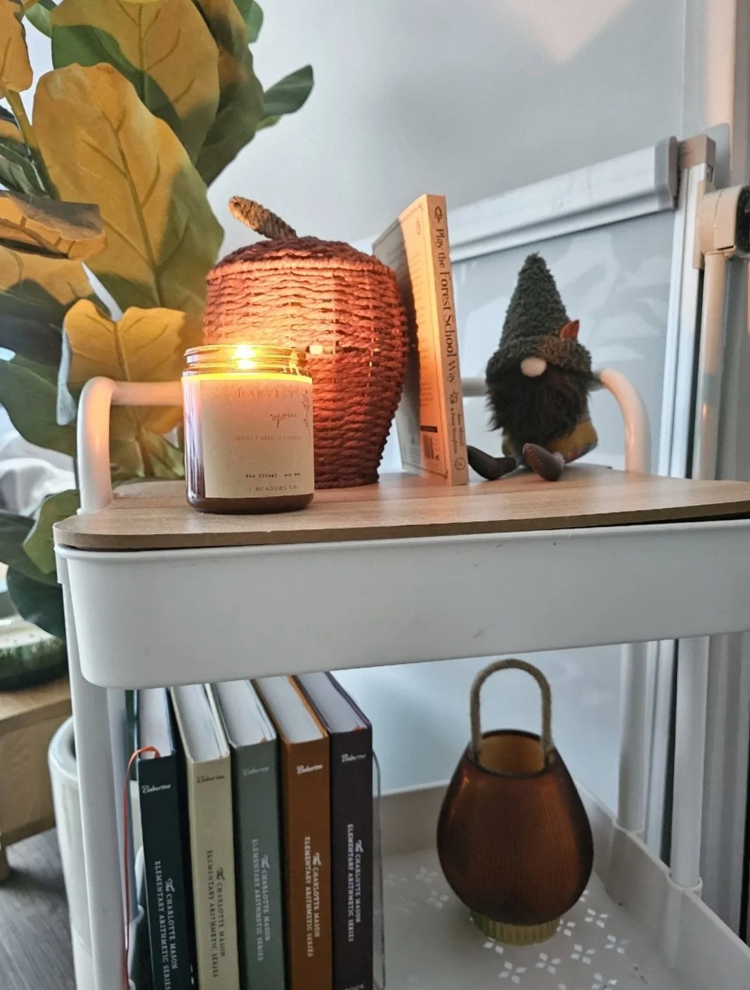 Decorative shelf with a lit candle, a woven apple-shaped lamp, a small gnome doll with a gray hat, a children's book about the forest, a brown vase, and a collection of books on a lower shelf, next to a leafy green plant.