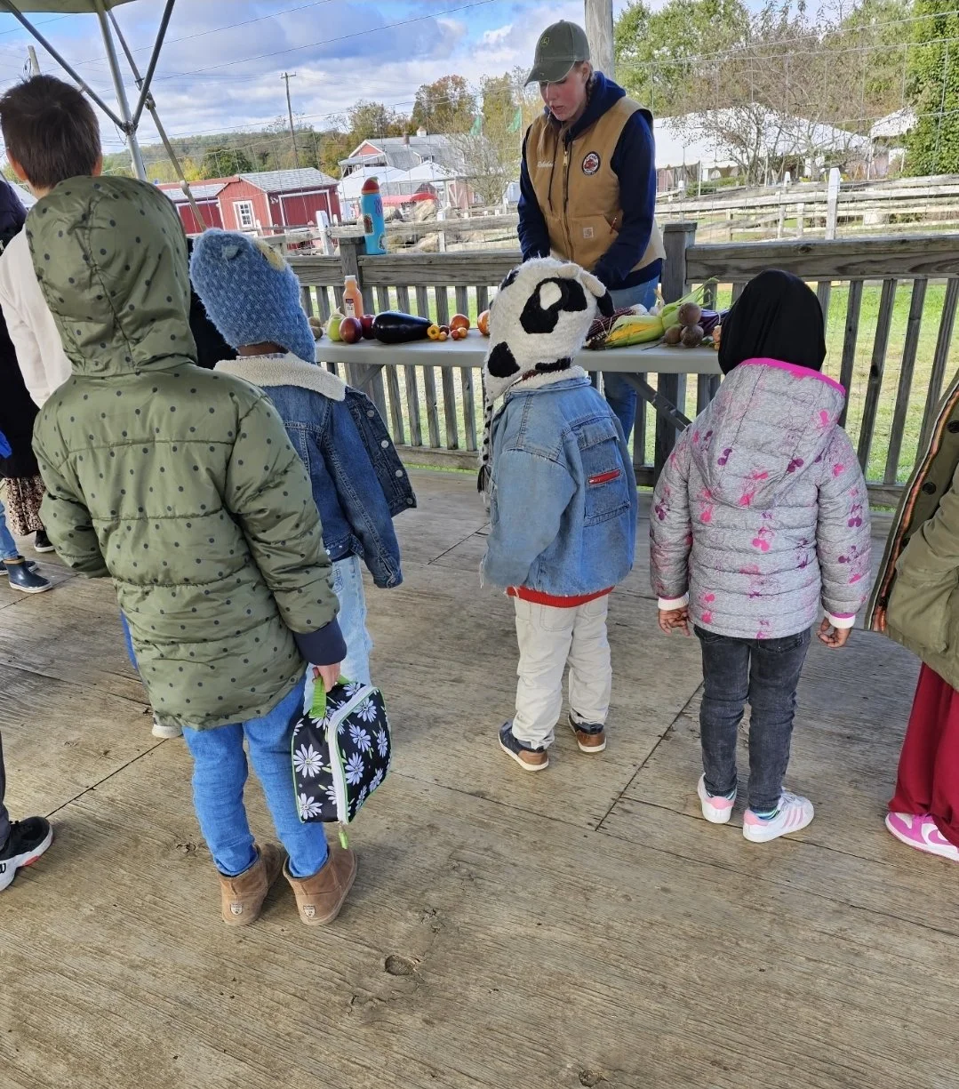 Children wearing jackets and hats standing in a line, facing a woman behind a table with vegetables, fruits, and condiments, on a wooden porch outdoors.