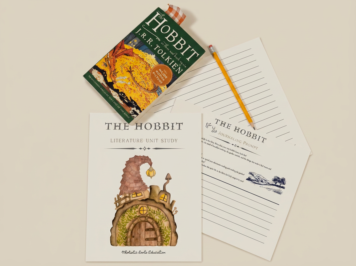 Book titled 'The Hobbit' by J.R.R. Tolkien, lined journaling sheets for a literature unit study and journaling prompt, and a yellow pencil, all on a white surface.