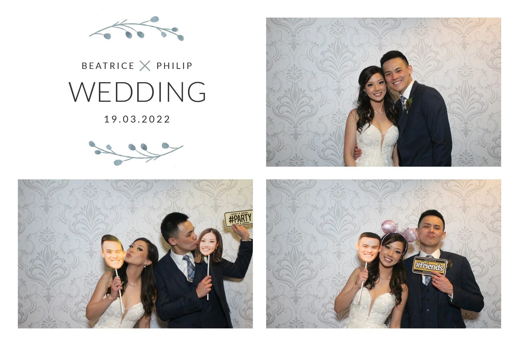 Wedding photo collage with four sections. Top left shows wedding details: Beatrice and Philip, wedding date March 19, 2022, with decorative floral design. Top right features a bride and groom smiling together, standing against a patterned backdrop. B