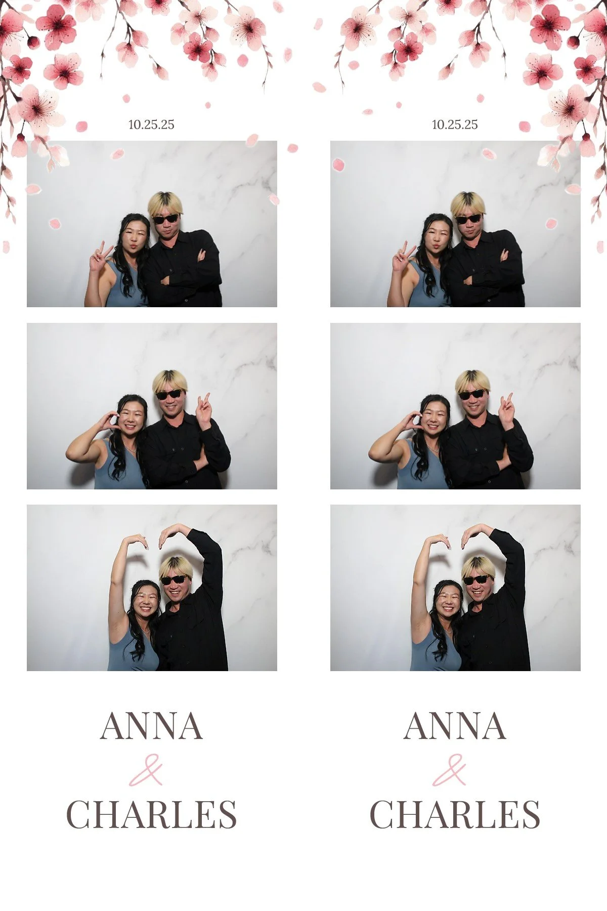 Photo strip from a photo booth with three pictures of a woman and a man making different gestures. The top section has cherry blossom graphics and the date 10.25.25. The bottom section displays the names 'Anna & Charles' with a pink ampersand.