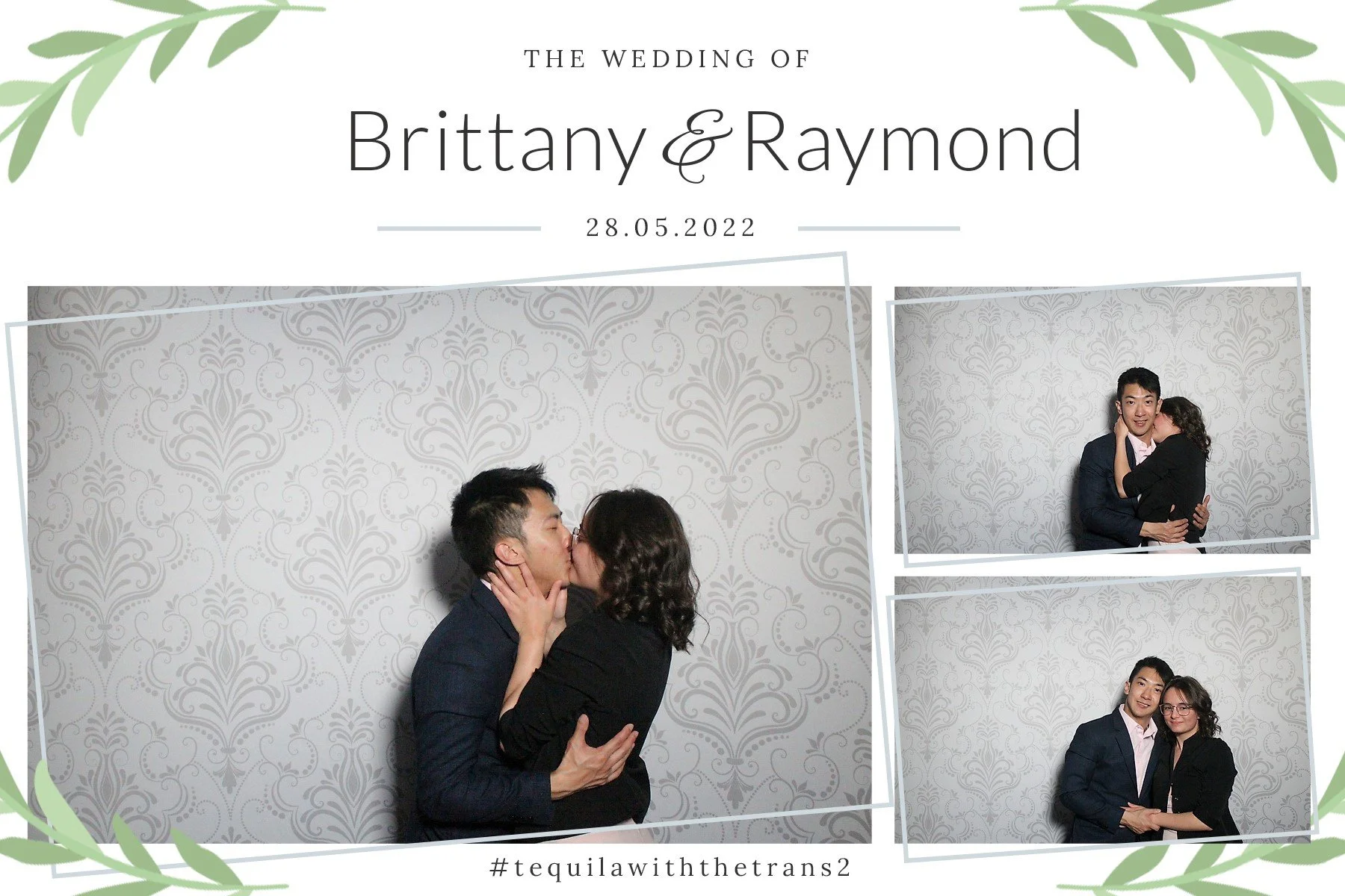 A photobooth collage from a wedding featuring a couple in different poses, including kissing, a close-up embrace, and holding hands, with a decorative patterned background and green leaf accents.