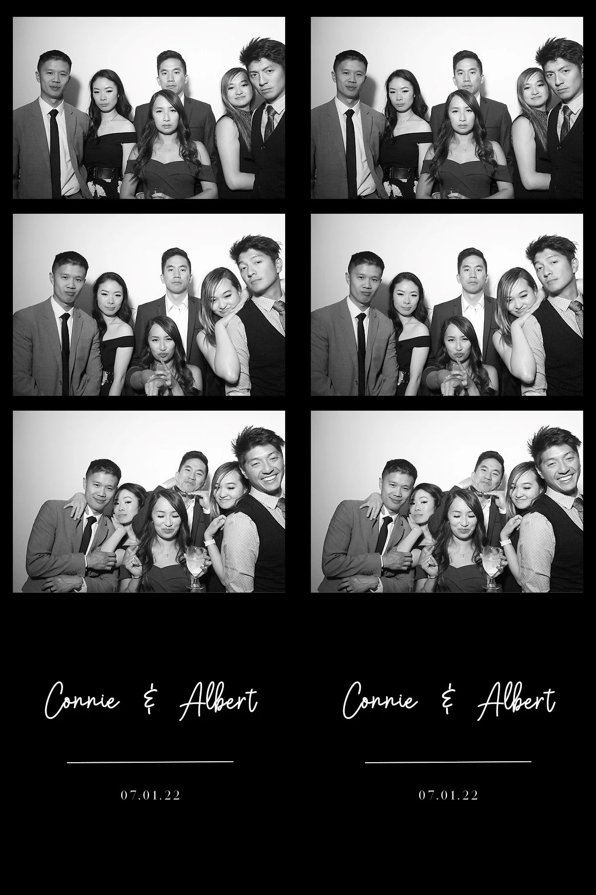 Photo booth pictures of six friends at a celebration, with two copies of the same set, labeled 'Connie & Albert' and dated '07.01.22', in black and white.