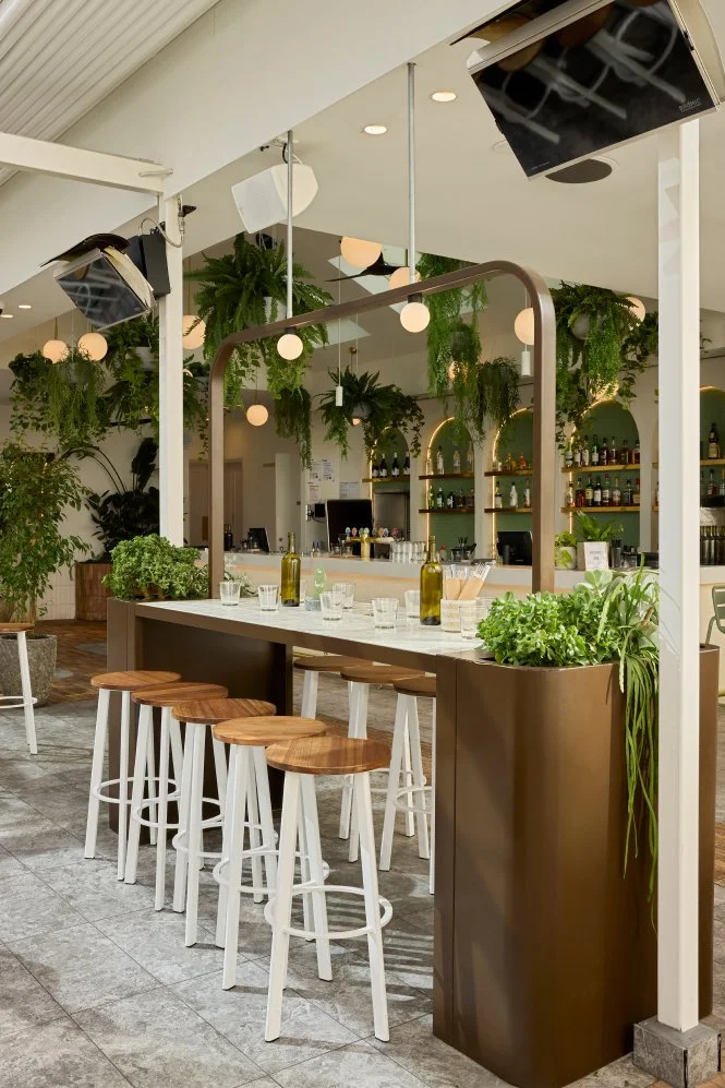Modern indoor bar area with wooden stools, a high table with plants and glasses, hanging plants, round pendant lights, and a well-stocked bar in the background.