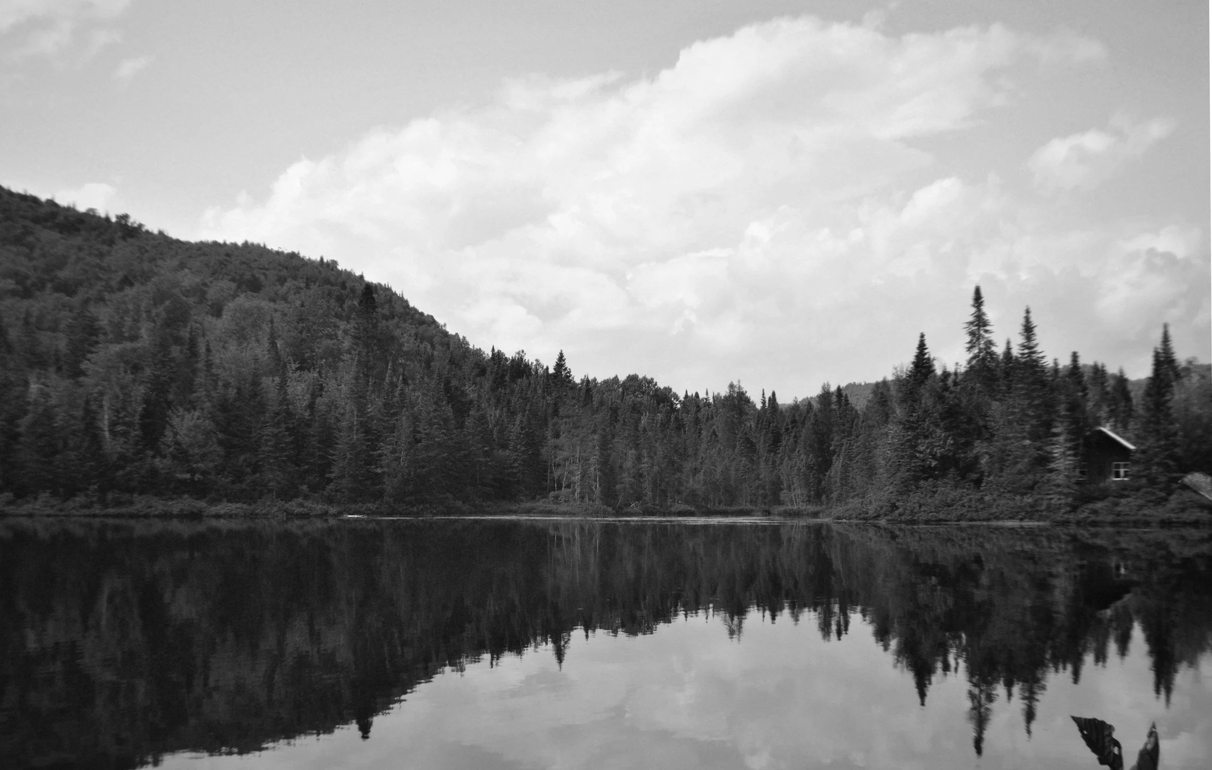 Black and white photo of a lake surrounded by a forested hillside with trees reflected in the water, and a small house partially visible on the right side.