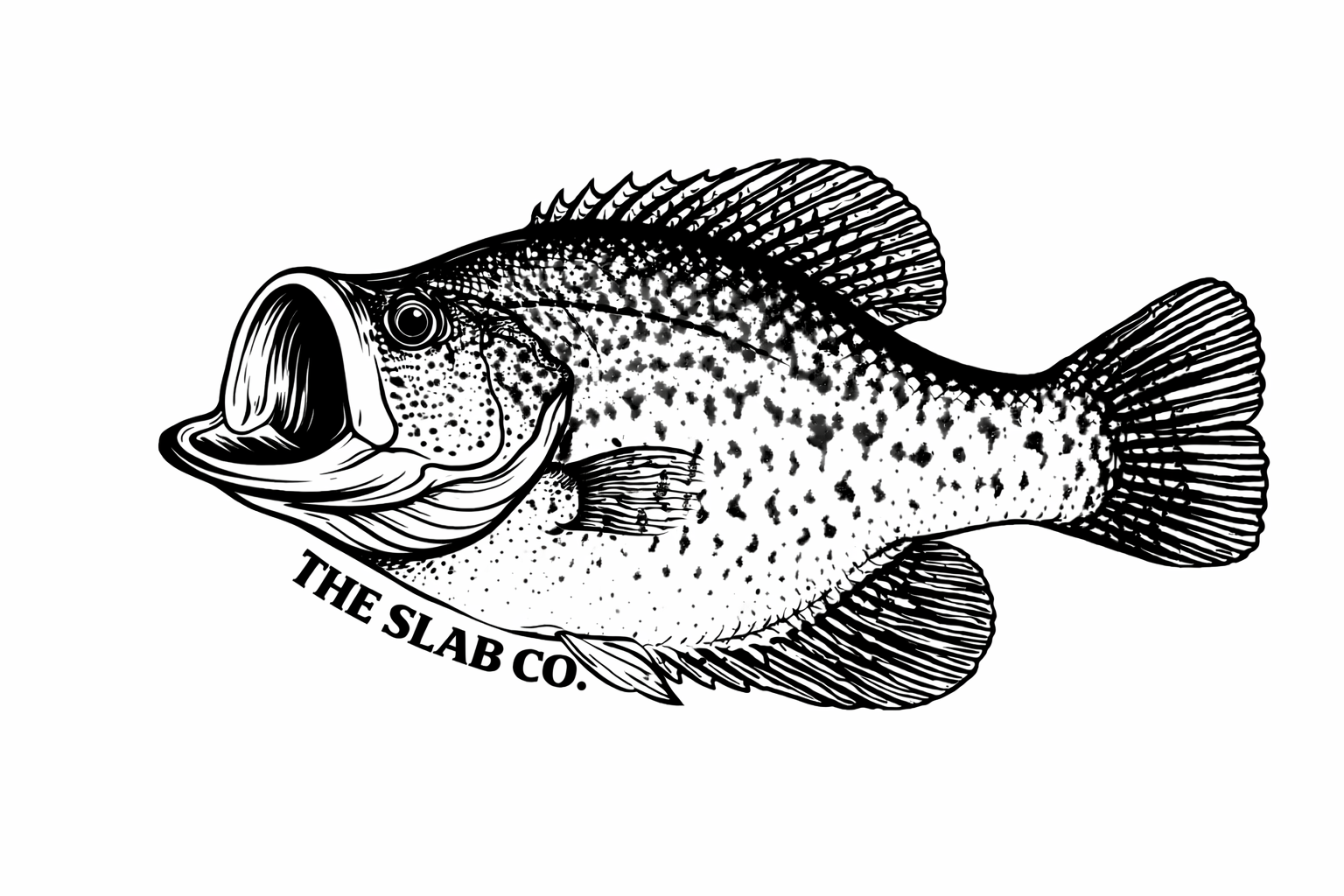 A detailed black and white illustration of a fish with a large mouth, spiny dorsal fin, and spotted body, with the text "THE SLAB CO." curved underneath.