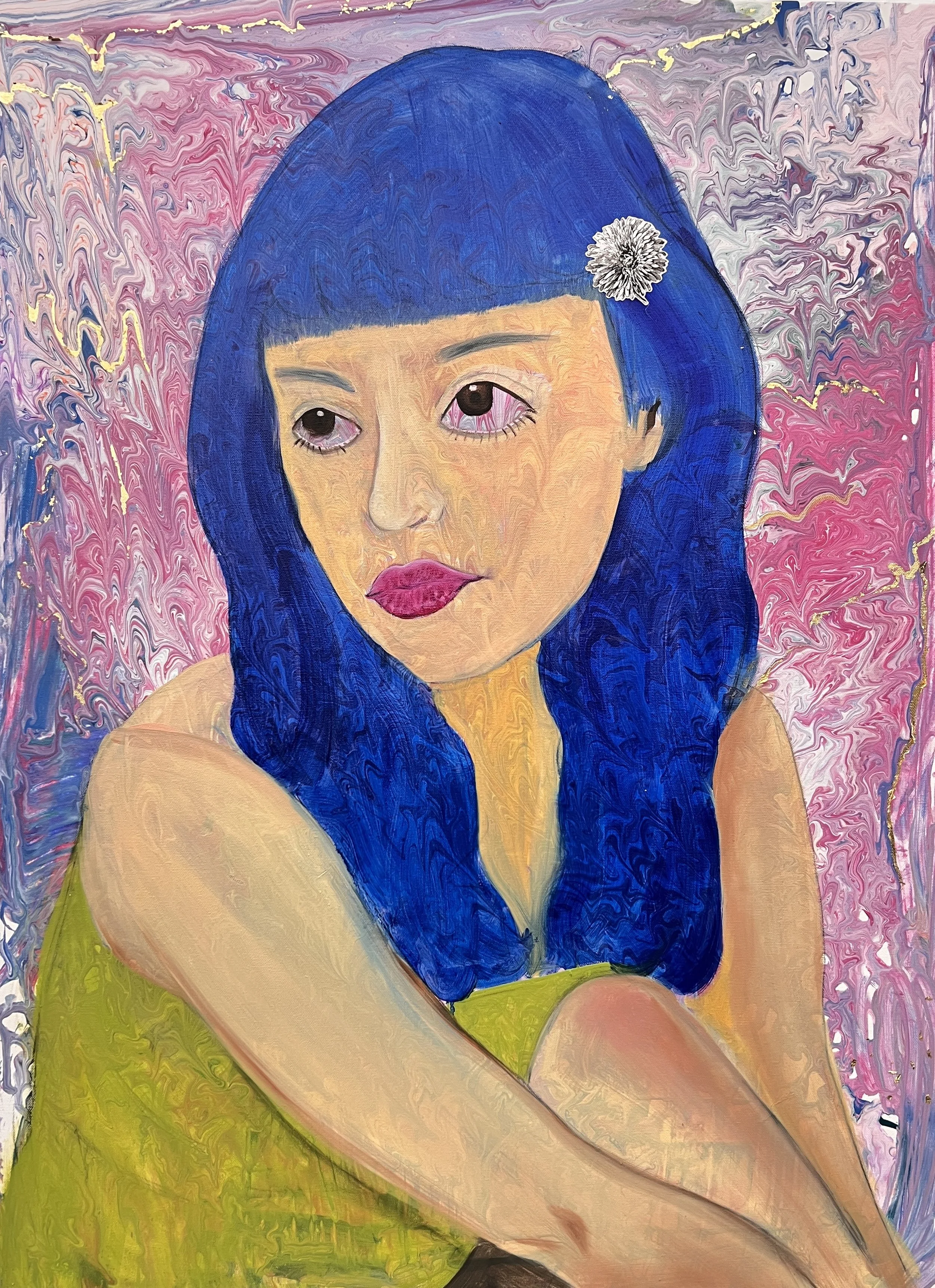 girl with blue hair
acrylic, oil, paper sticker and gold leaf on canvas
30"x36"
