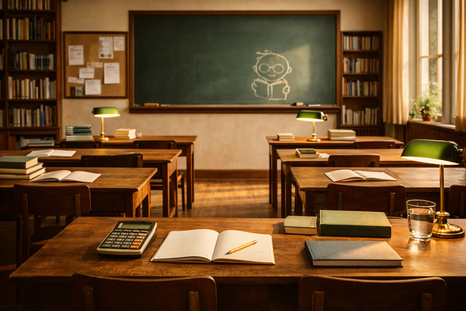 Empty classroom with wooden desks, books, notebooks, a calculator, a glass of water, green desk lamps, and a chalkboard with a drawing of a person reading a book, warm natural light from windows.