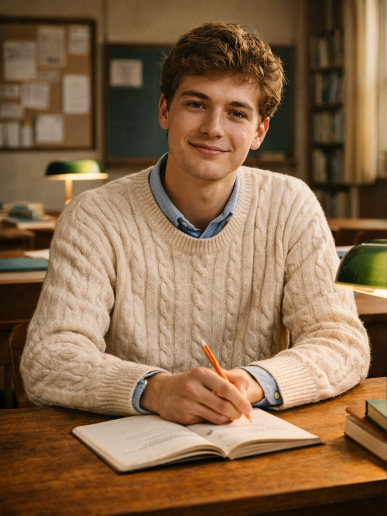 A young man with curly hair sits at a wooden desk in a classroom, smiling at the camera while writing in a notebook with a pen. He is wearing a cream-colored cable-knit sweater over a blue collared shirt. There are books on the desk and shelves with books and a bulletin board in the background.