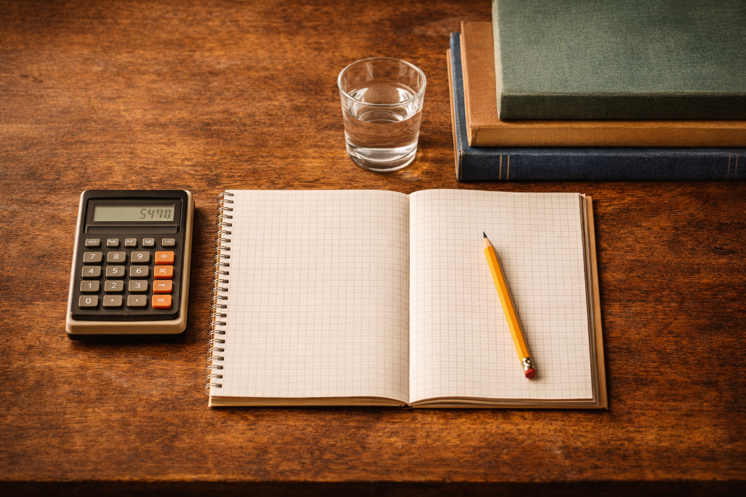 Open blank grid notebook with a yellow pencil resting on it, a calculator showing 5470, a glass of water, and a small pile of books on a wooden desk.