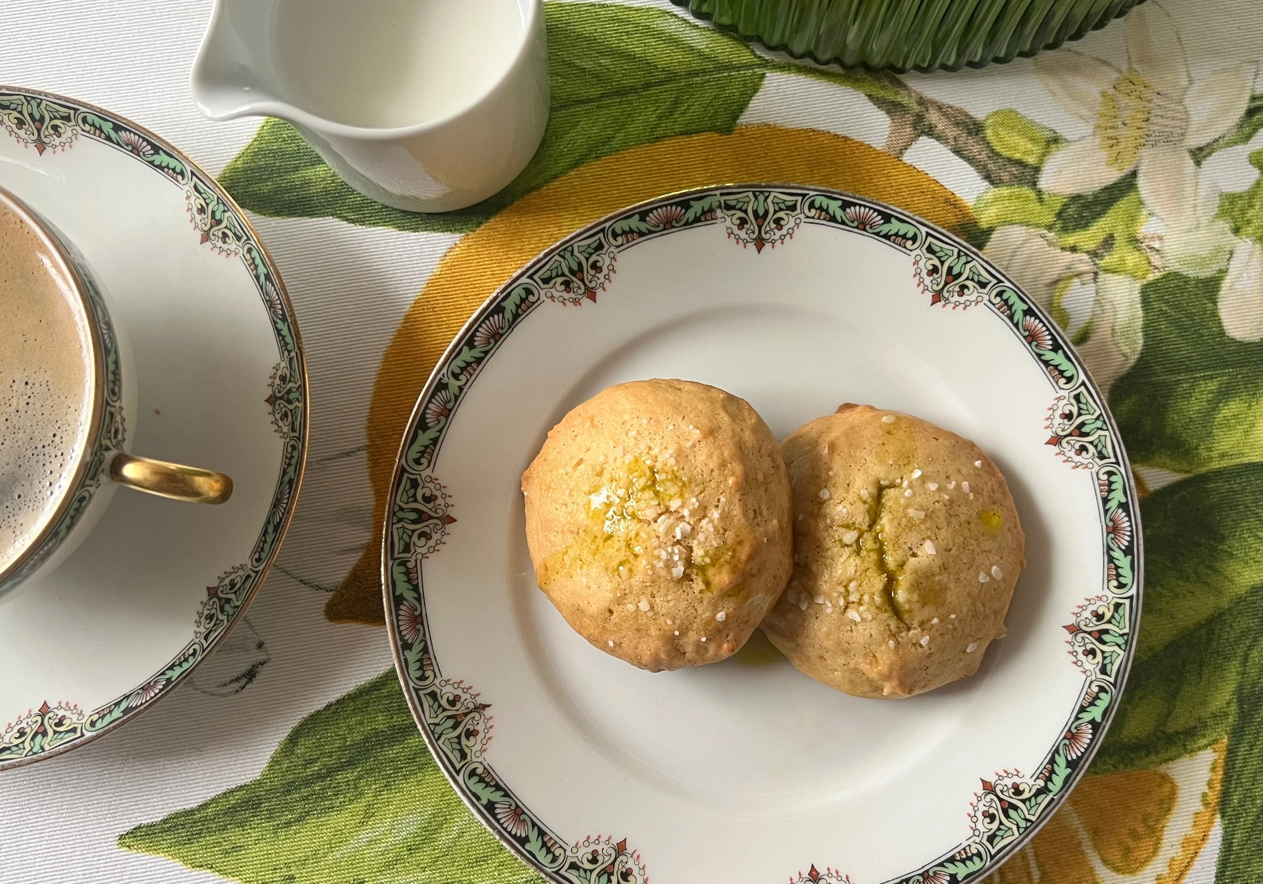 olive oil drizzle cookies with coffee and milk