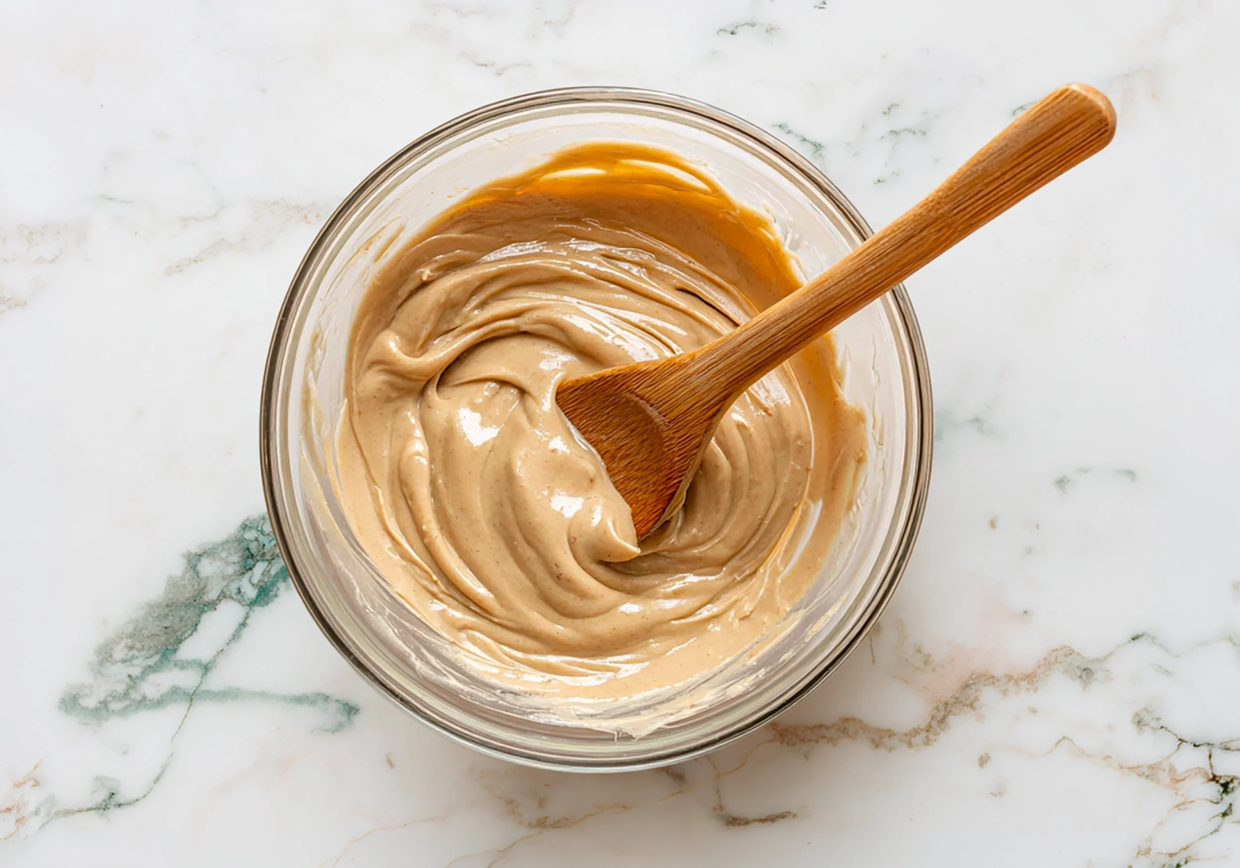step 1 batter being mixed in a glass bowl
