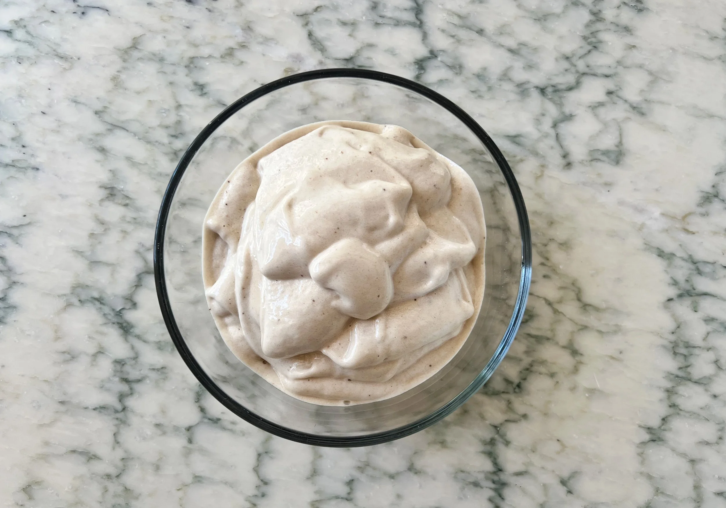 banana honey ice cream in a bowl, before it goes into freezer