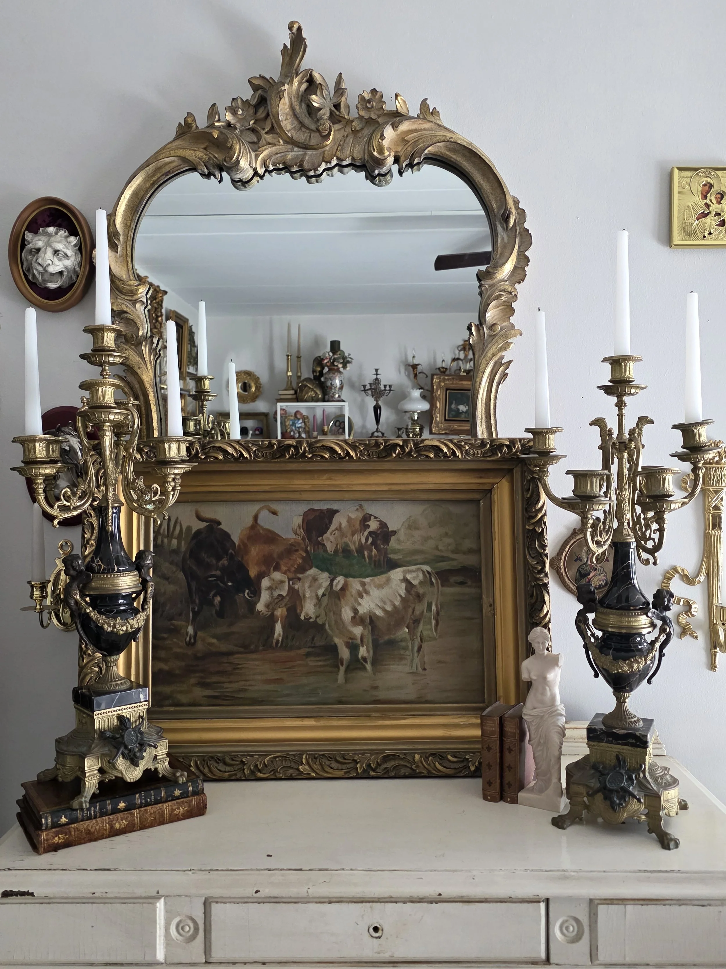 Vintage Brevatto Italy Louis XV Style Brass Marble Candelabras