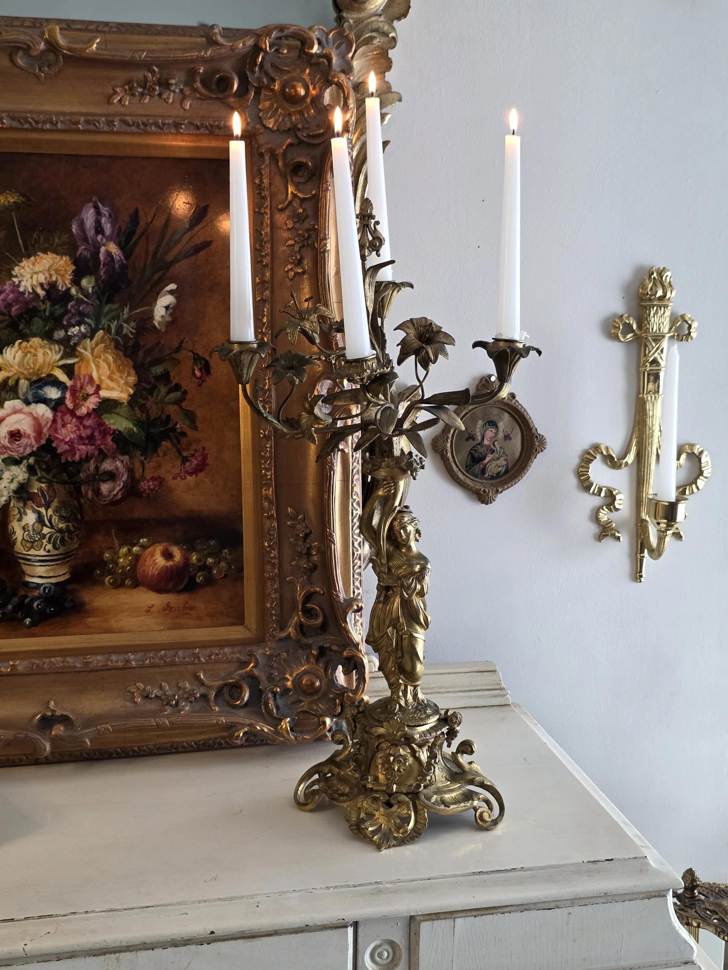 Antique French Gilded Brass Figural Four-Arm Candelabra – Woman Holding Floral Bouquet