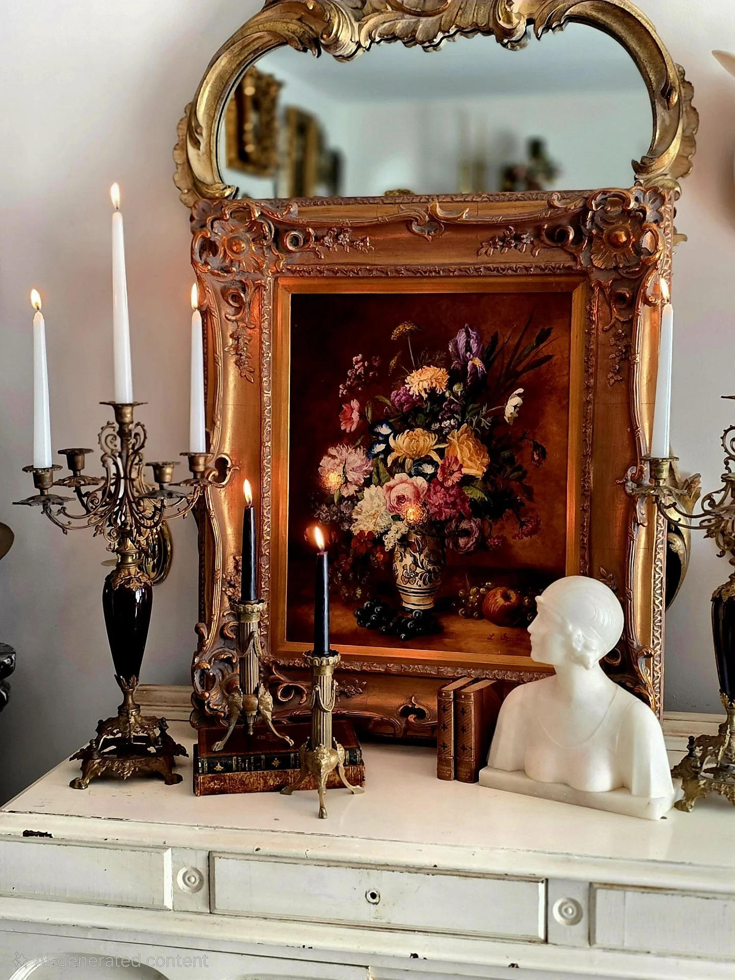 An ornate gold-framed mirror above a wooden dresser decorated with a floral painting, candlesticks with lit candles, three stacked books, and a alabaster bust of a woman.