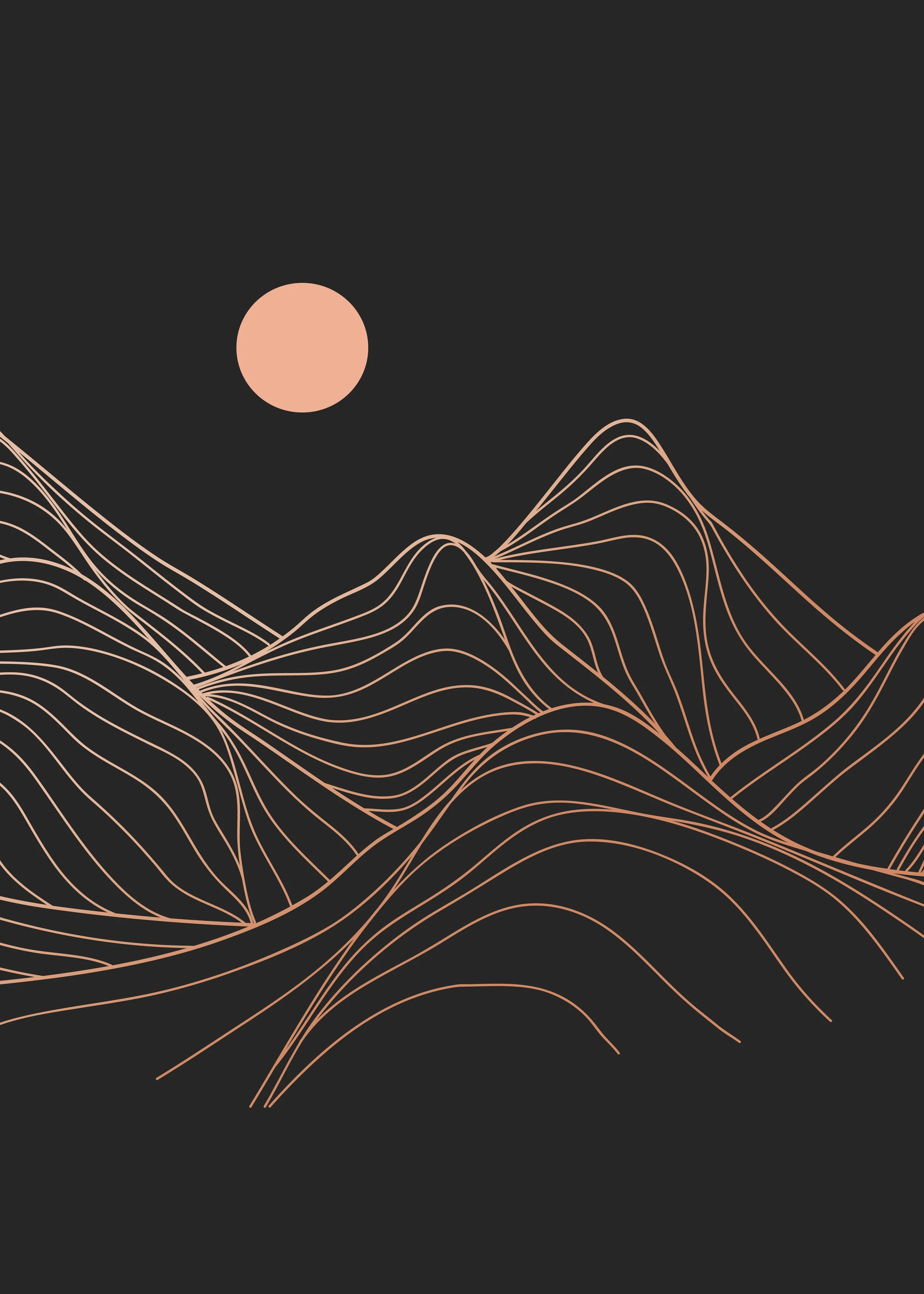 Stylized digital artwork of mountain ridges with copper-colored contour lines on a black background, featuring a large pink circle representing the sun or moon.