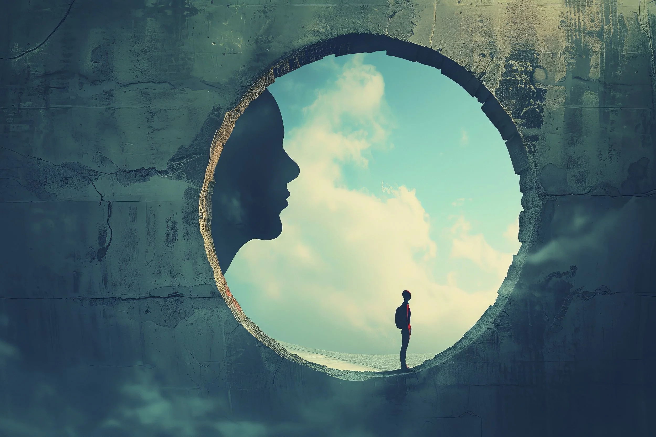 A person standing inside a large, circular opening of an ancient stone structure, silhouetted against a bright sky with clouds, with a landscape visible through the opening.