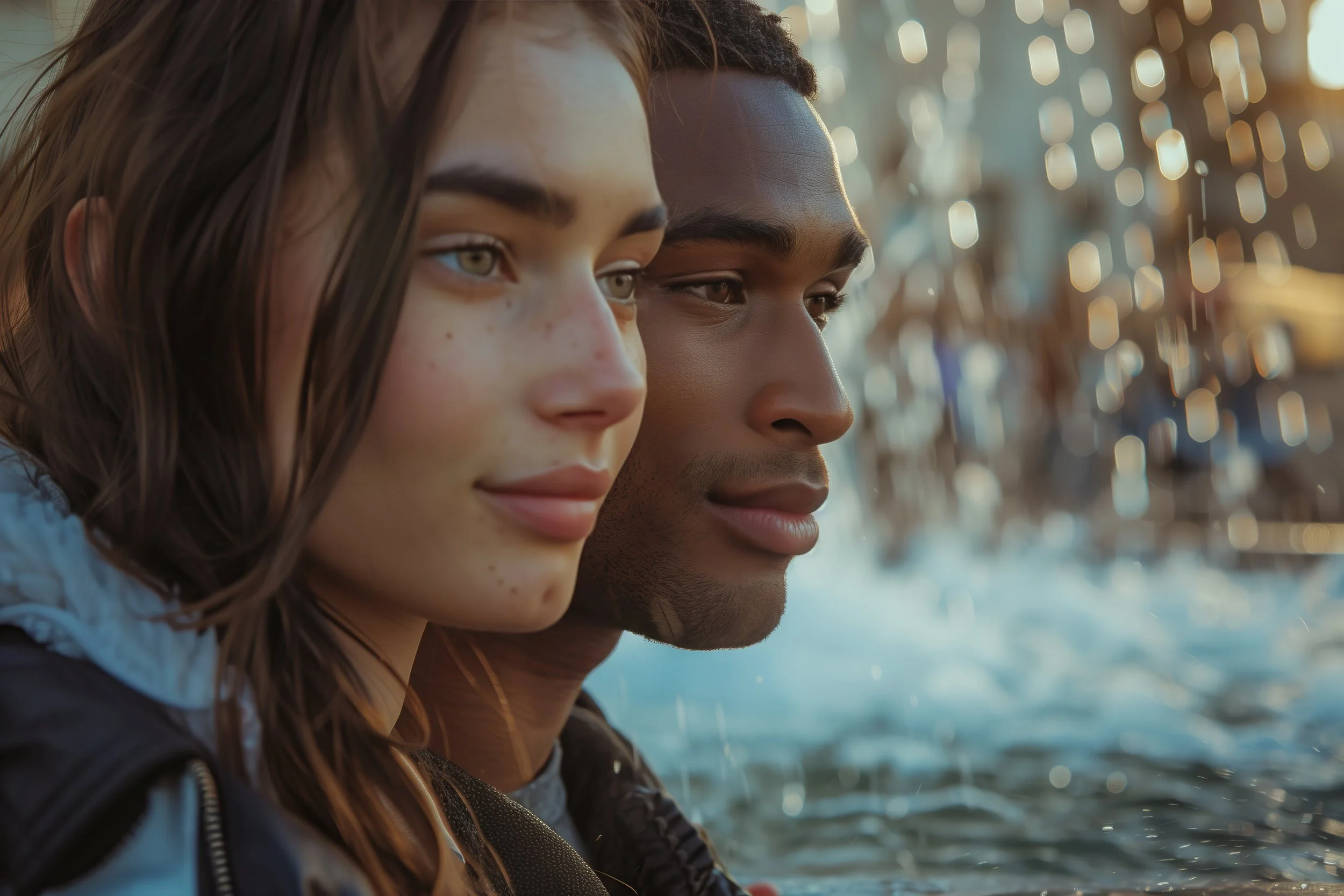 Close-up of a young woman with long brown hair and a young man with short black hair, standing side by side outdoors with a blurred background of water and lights during sunset.
