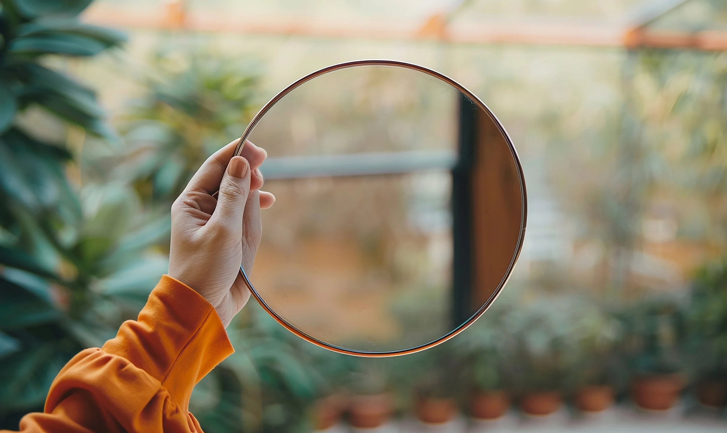 Person holding a round mirror in front of a window with blurred green and brown foliage outside.