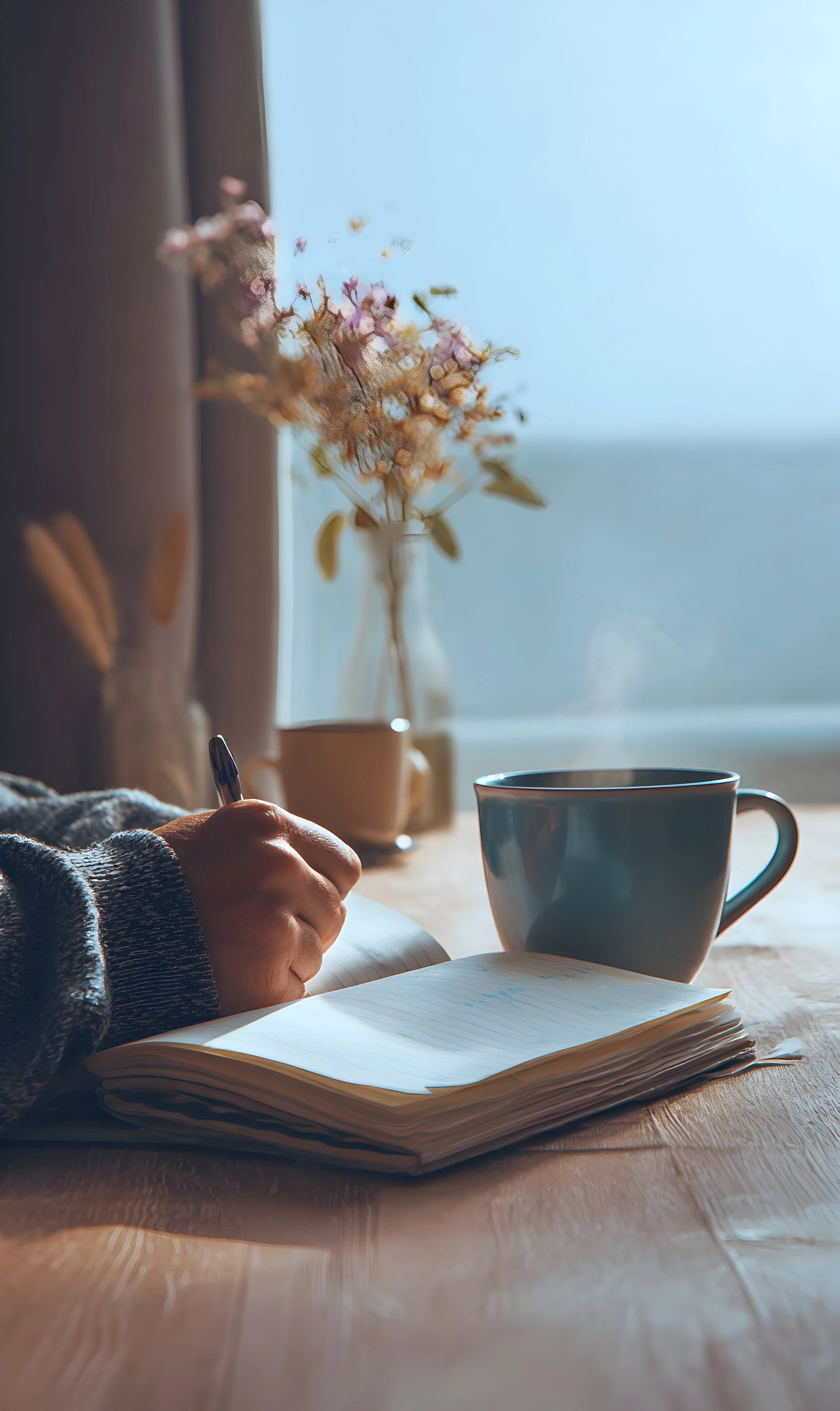 A person writing in a notebook on a wooden table with a pen, near a blue mug, with a vase of dried flowers in the background, all by a window with blue sky visible.