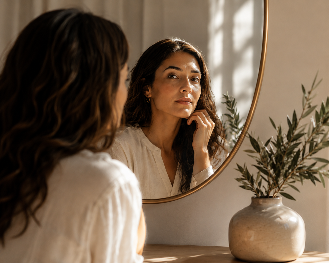 A woman with long, wavy brown hair looking at her reflection in a round mirror, touching her chin with her right hand, with a neutral expression. She is wearing a light-colored blouse and gold hoop earrings. There is a large beige vase with green leaves on a wooden surface.